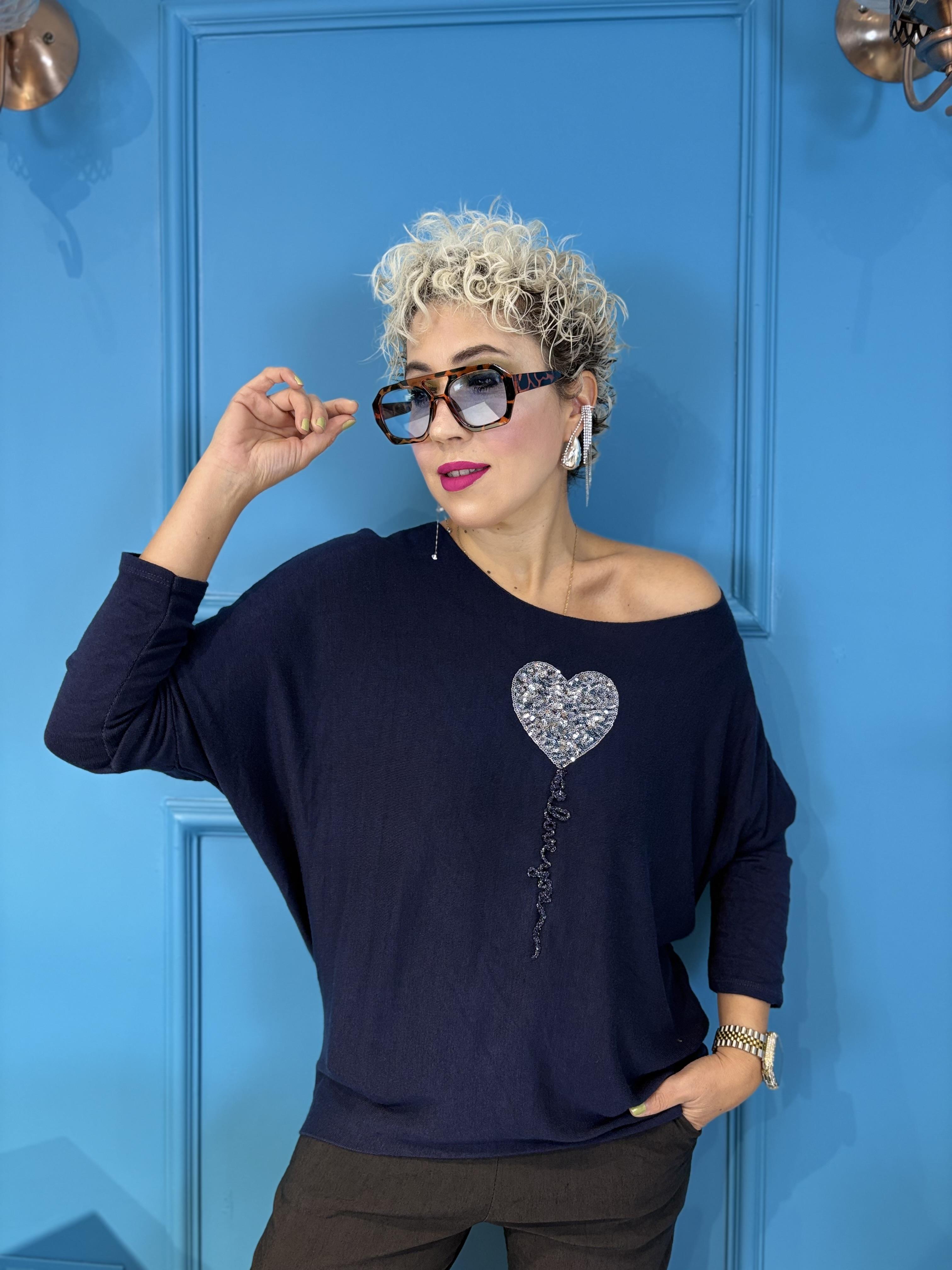 İtalyan Kalpli Lacivert Bluz