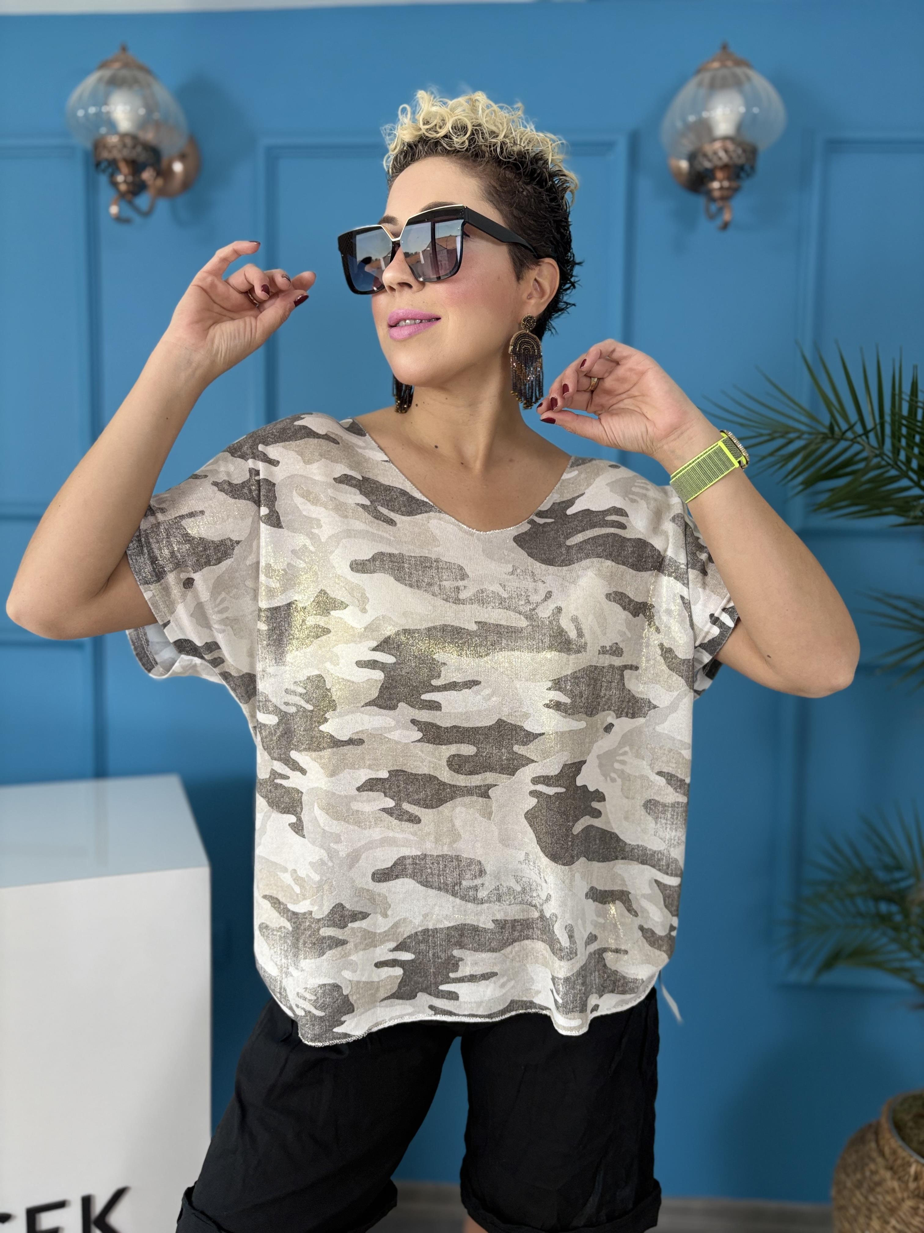 İtalyan Kamuflaj Varaklı Beyaz Bluz