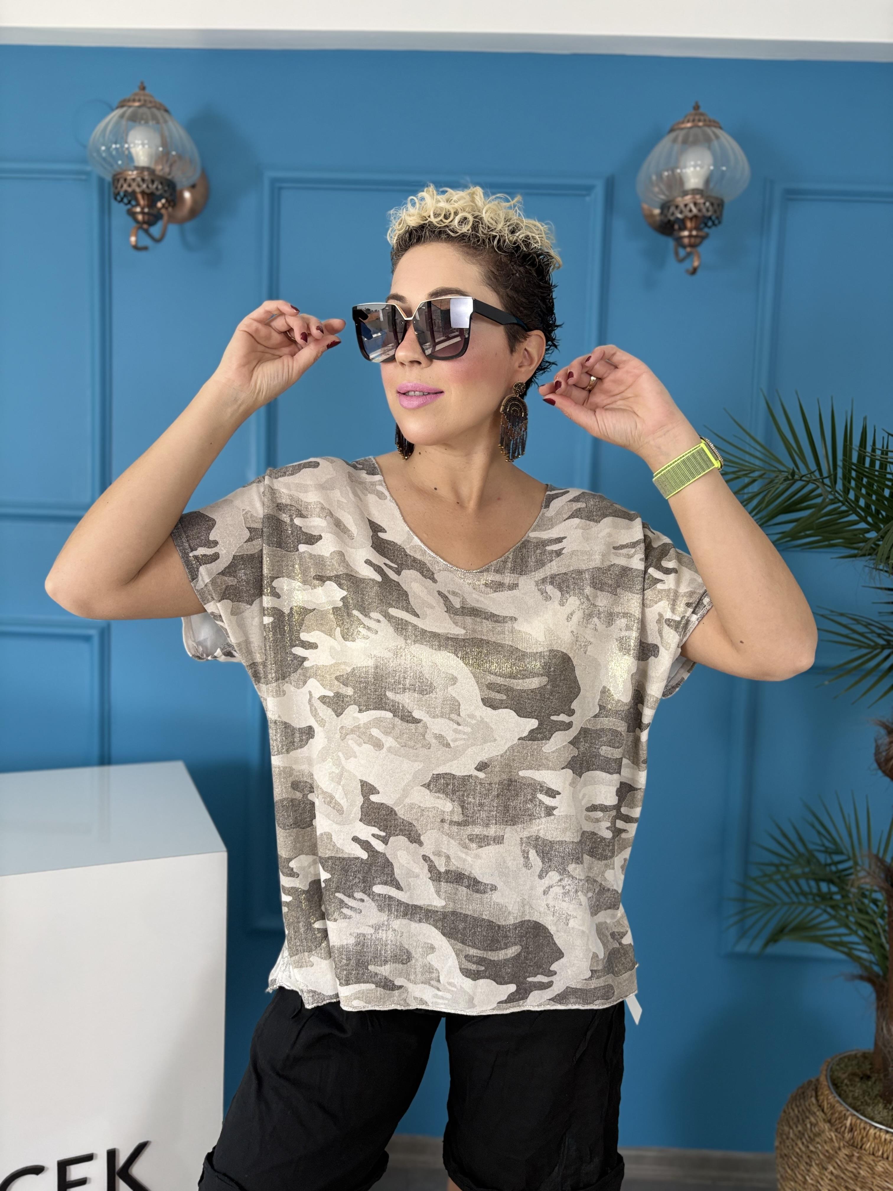 İtalyan Kamuflaj Varaklı Krem Bluz