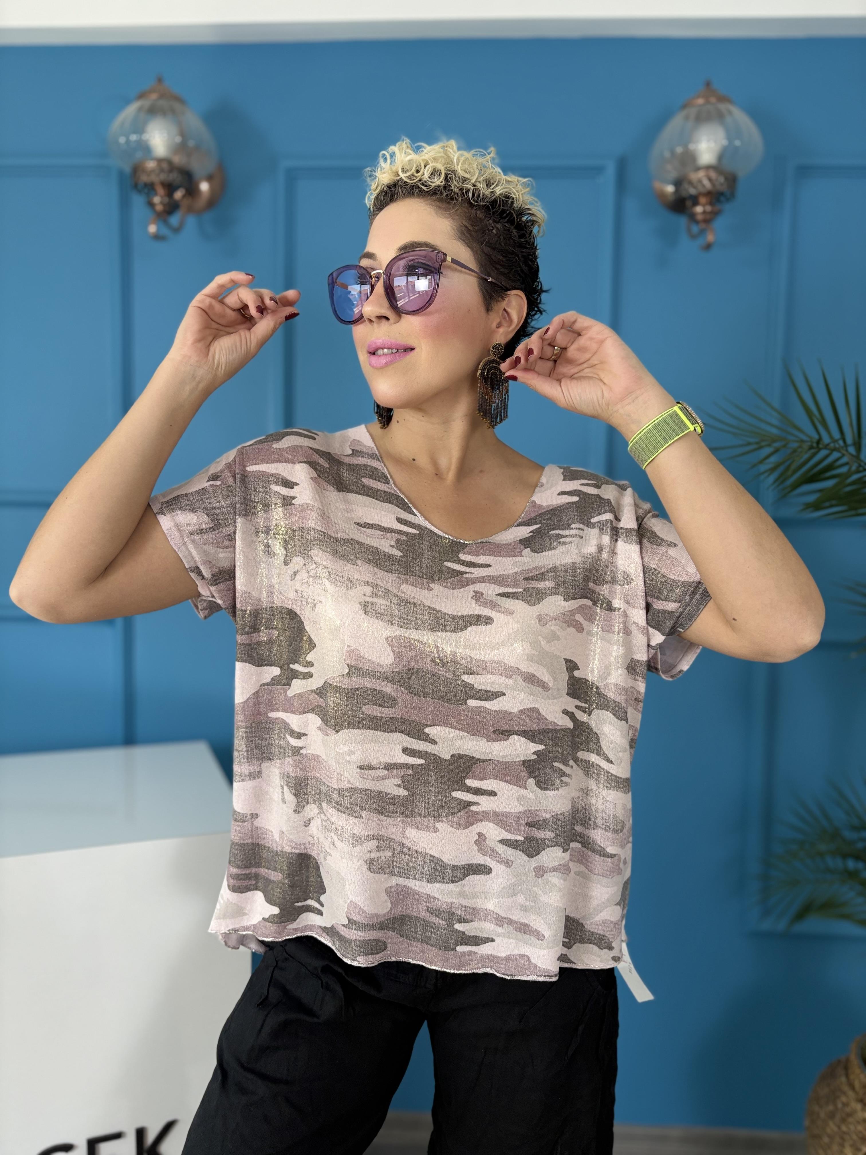 İtalyan Kamuflaj Varaklı Lila Bluz