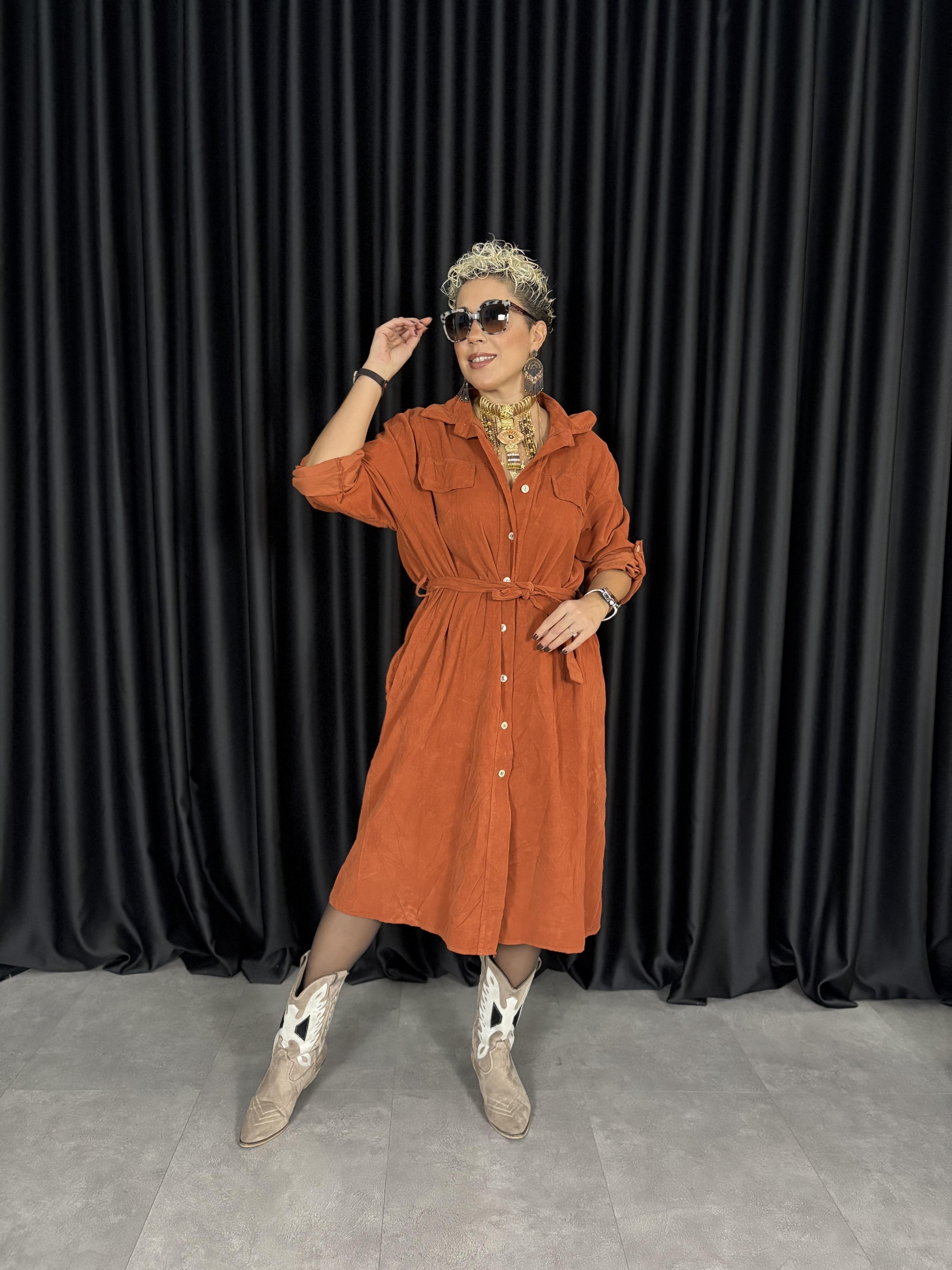 İtalyan Kemerli Kiremit Kadife Gömlek Elbise