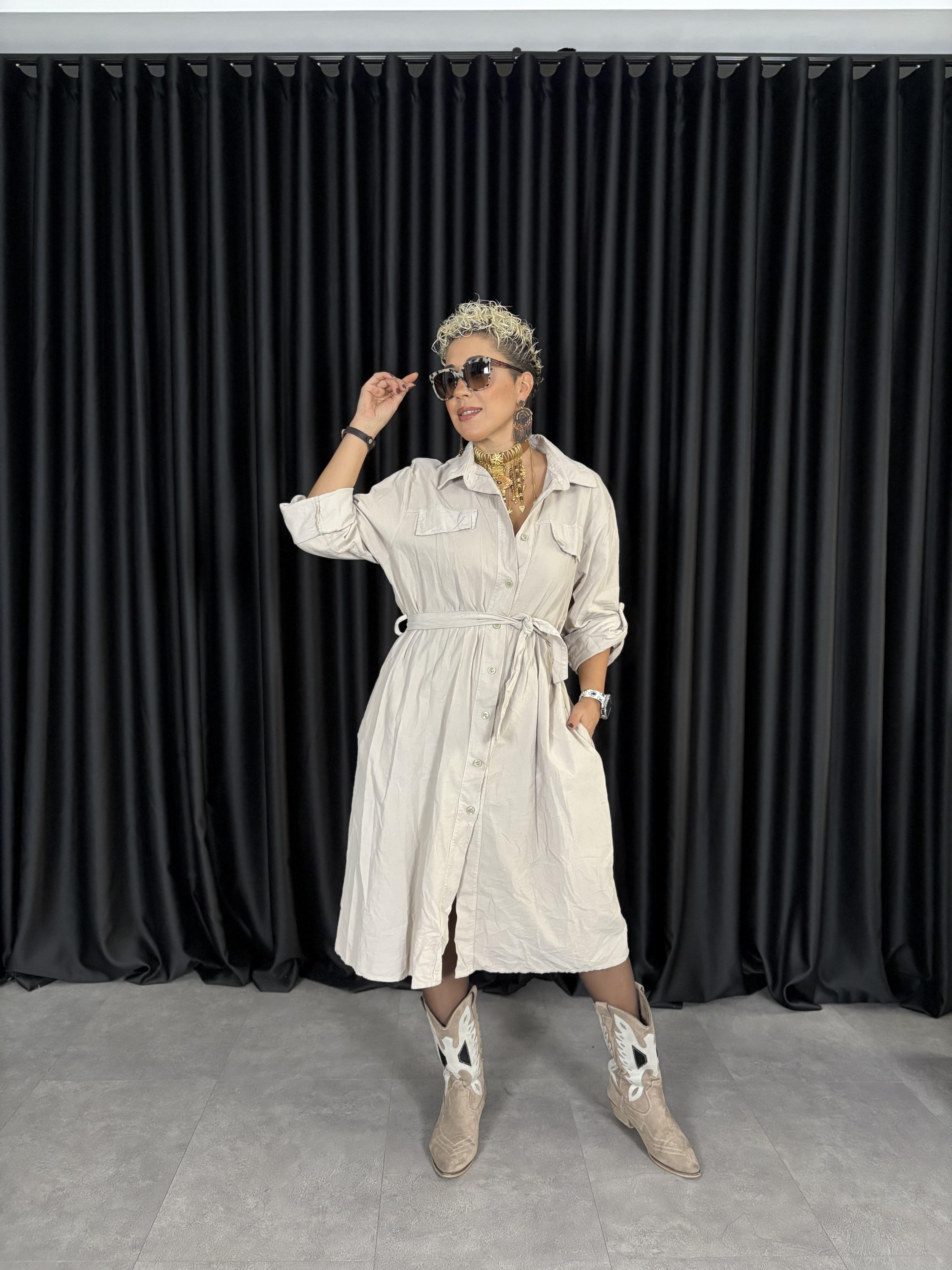 İtalyan Kemerli Krem Kadife Gömlek Elbise