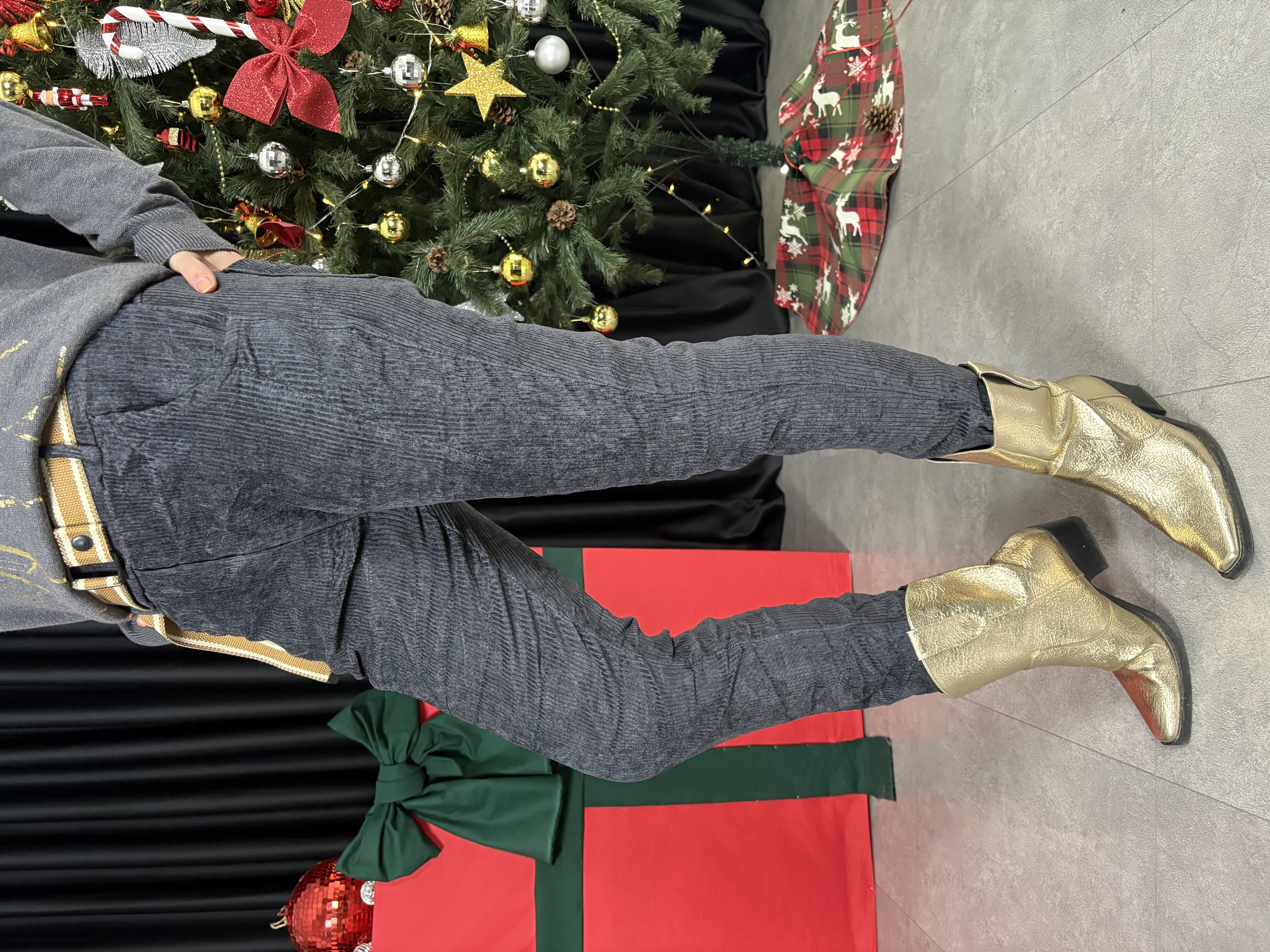 İtalyan Kemerli ve Kalın Fitilli Antrasit Kadife Pantolon