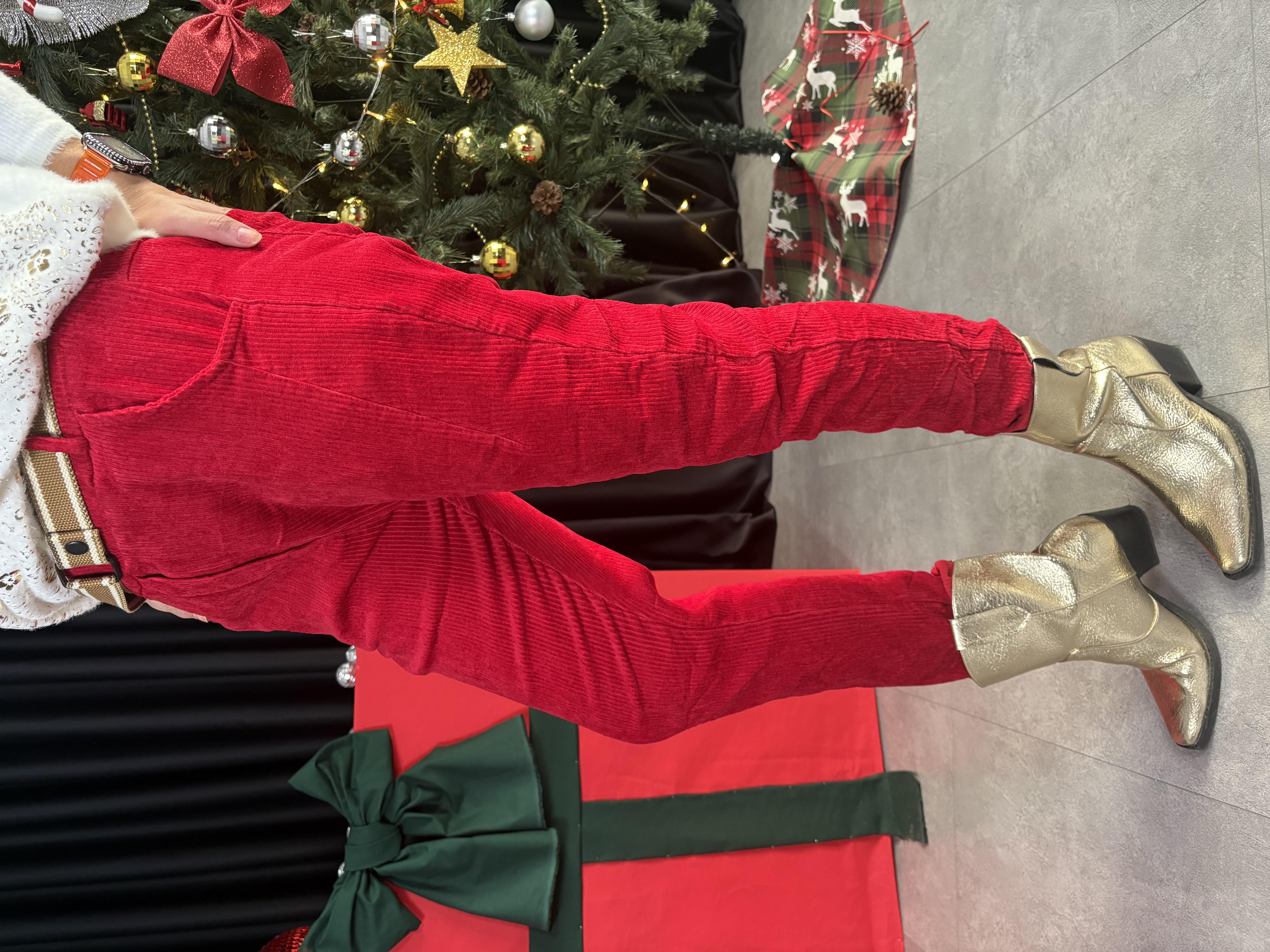 İtalyan Kemerli ve Kalın Fitilli Kırmızı Kadife Pantolon