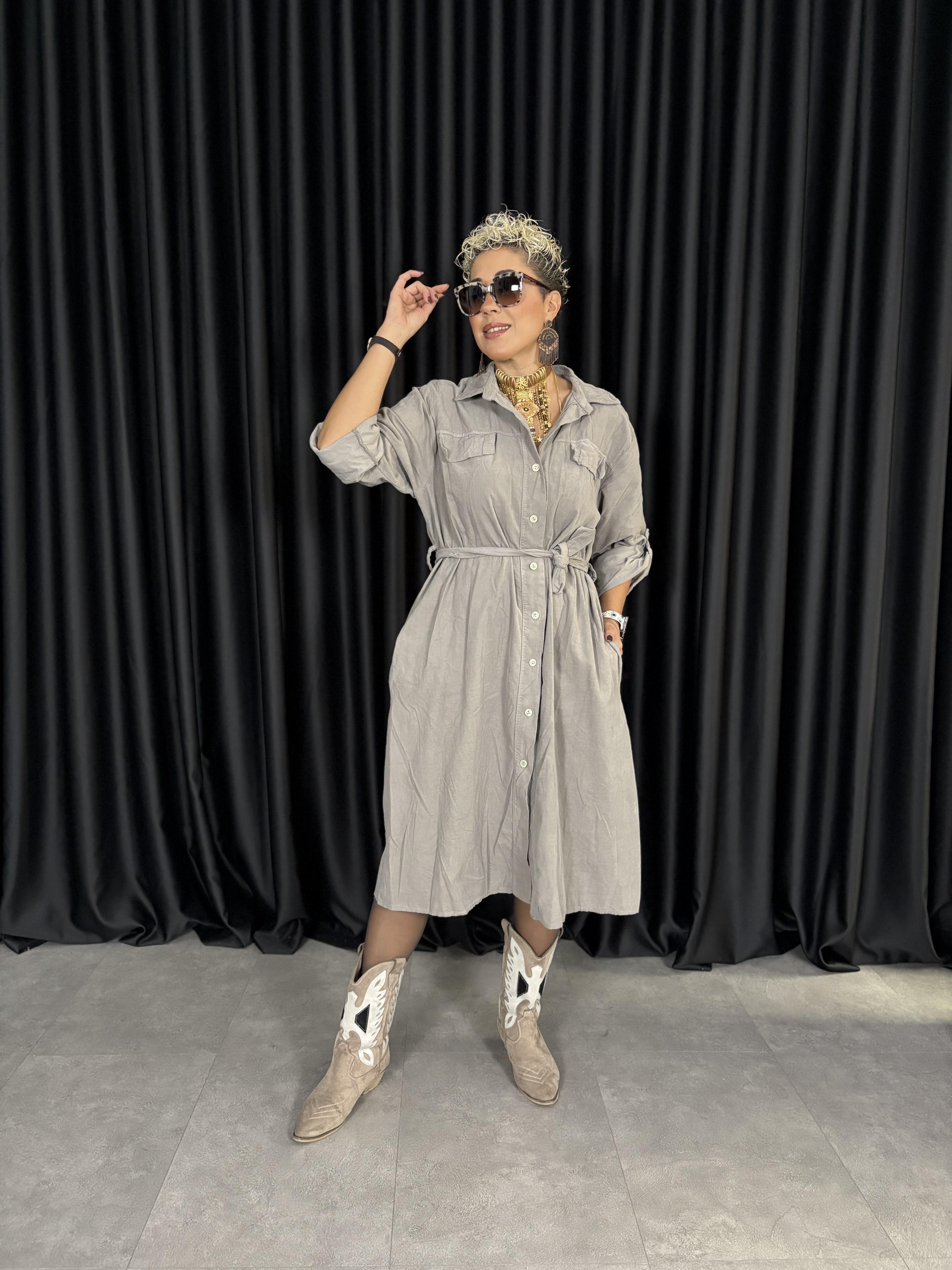 İtalyan Kemerli Vizon Kadife Gömlek Elbise