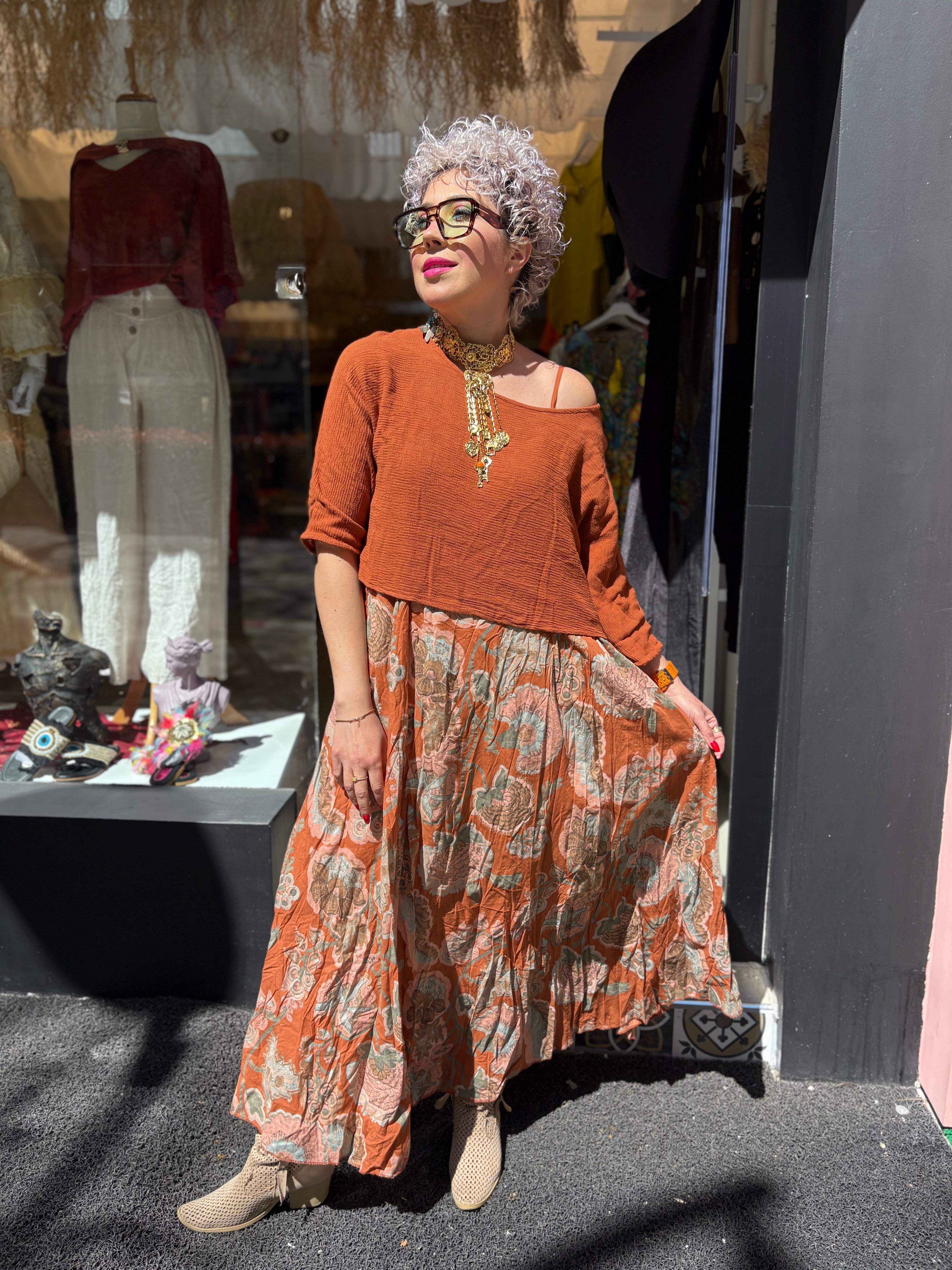 İtalyan Keten Bluzlu Kiremit Elbise