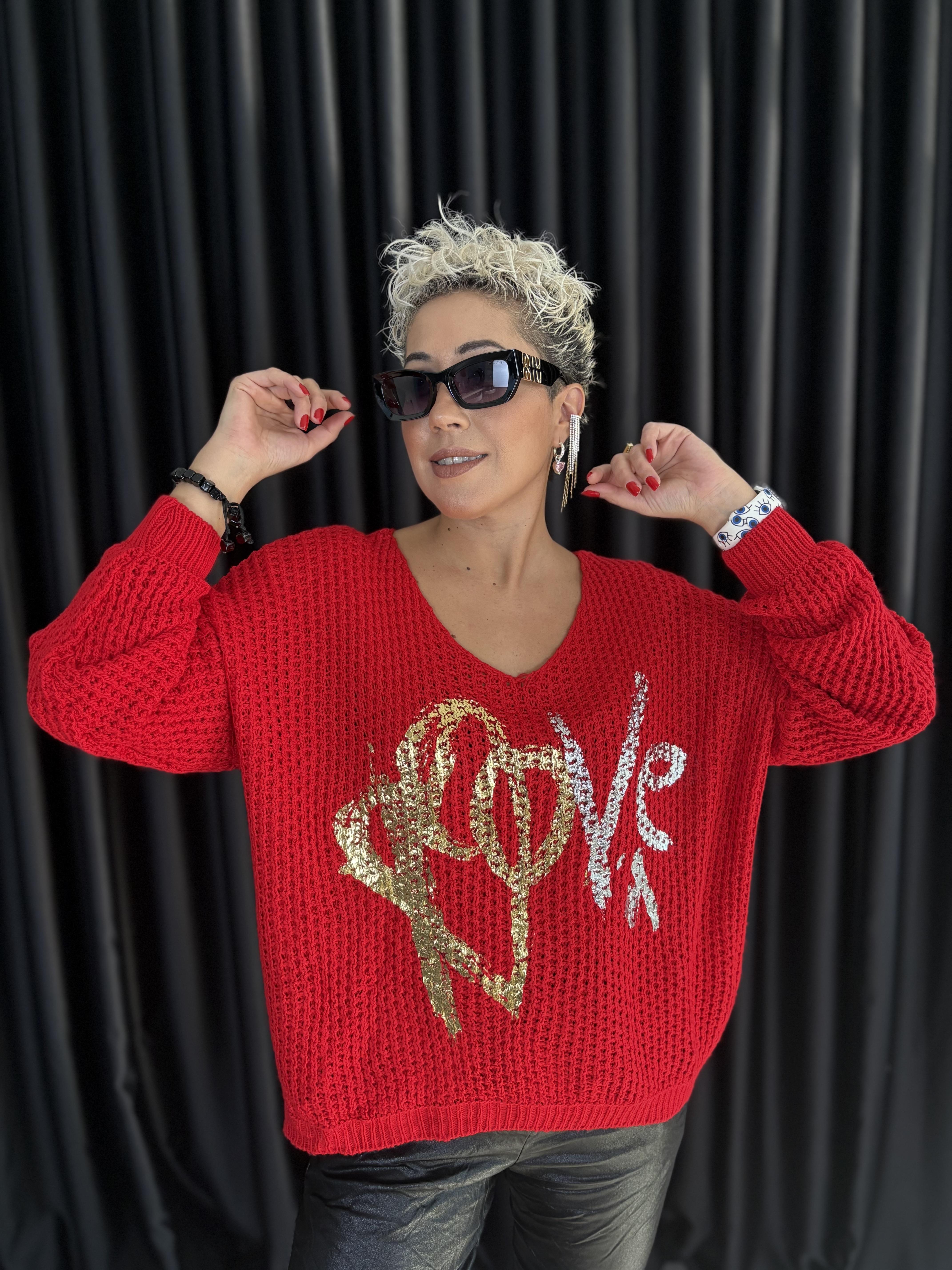 İtalyan Kırmızı Örme Varaklı Bluz