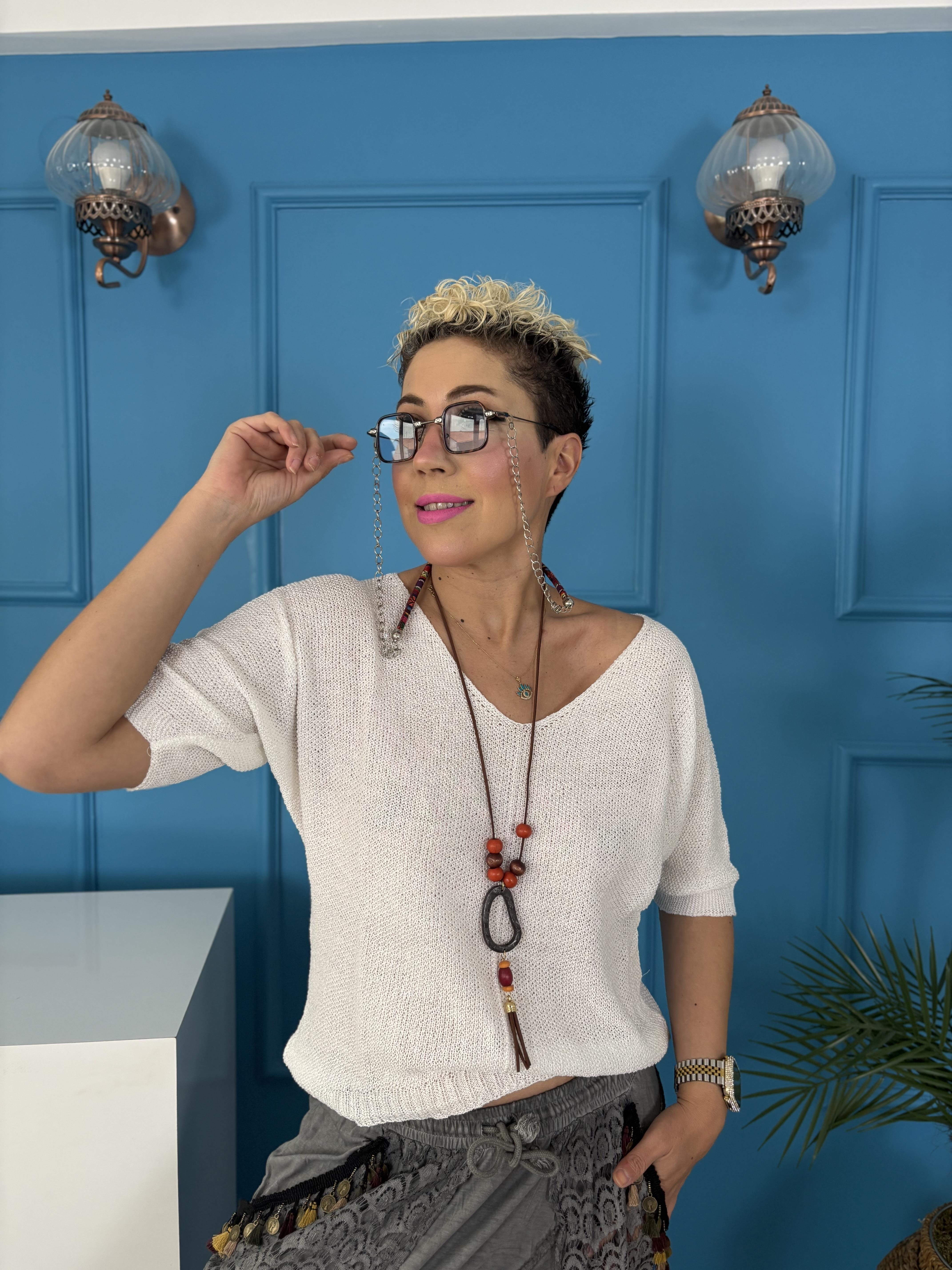 İtalyan Kolyeli Merserize Beyaz Bluz