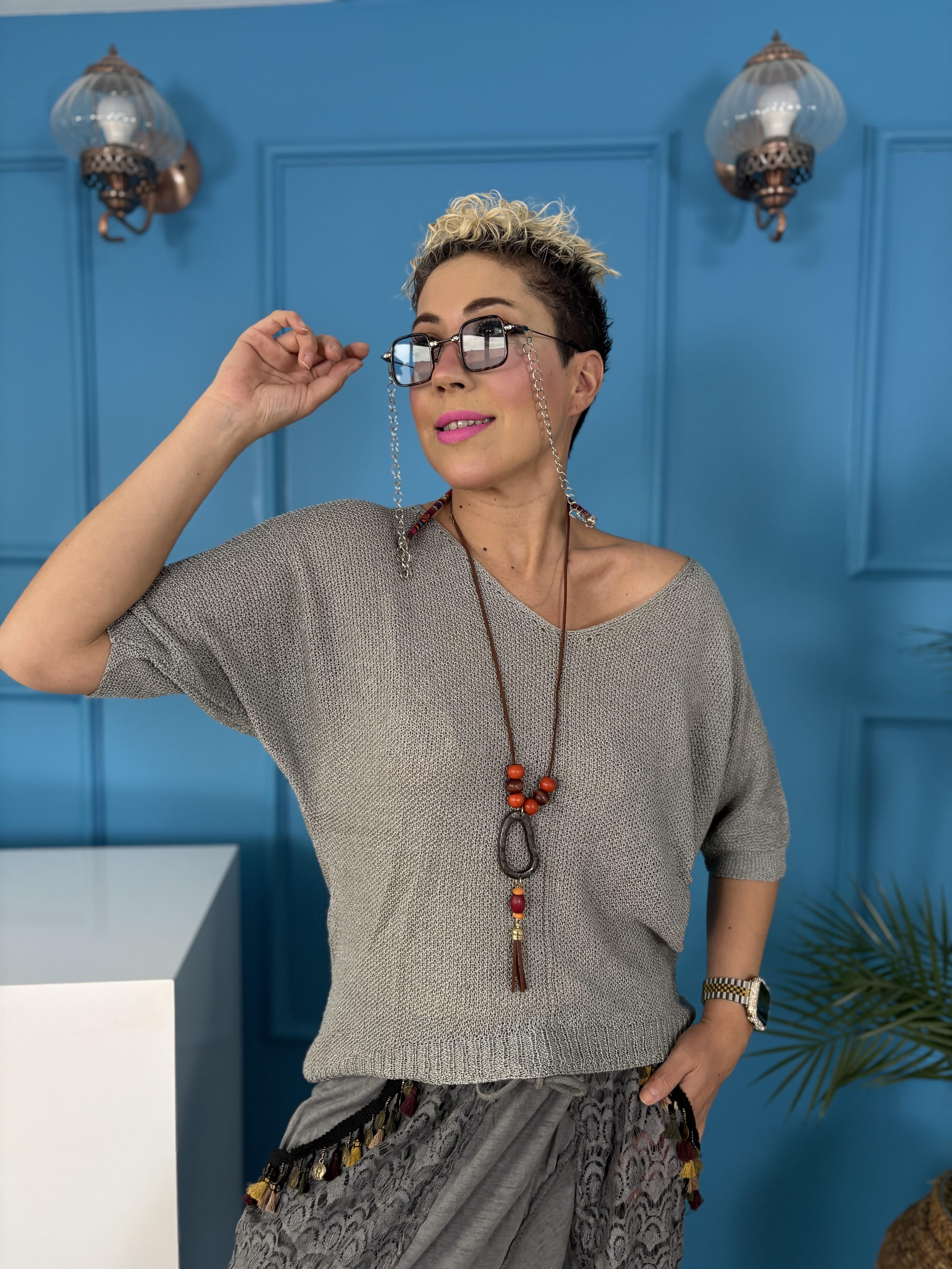 İtalyan Kolyeli Merserize Gri Bluz