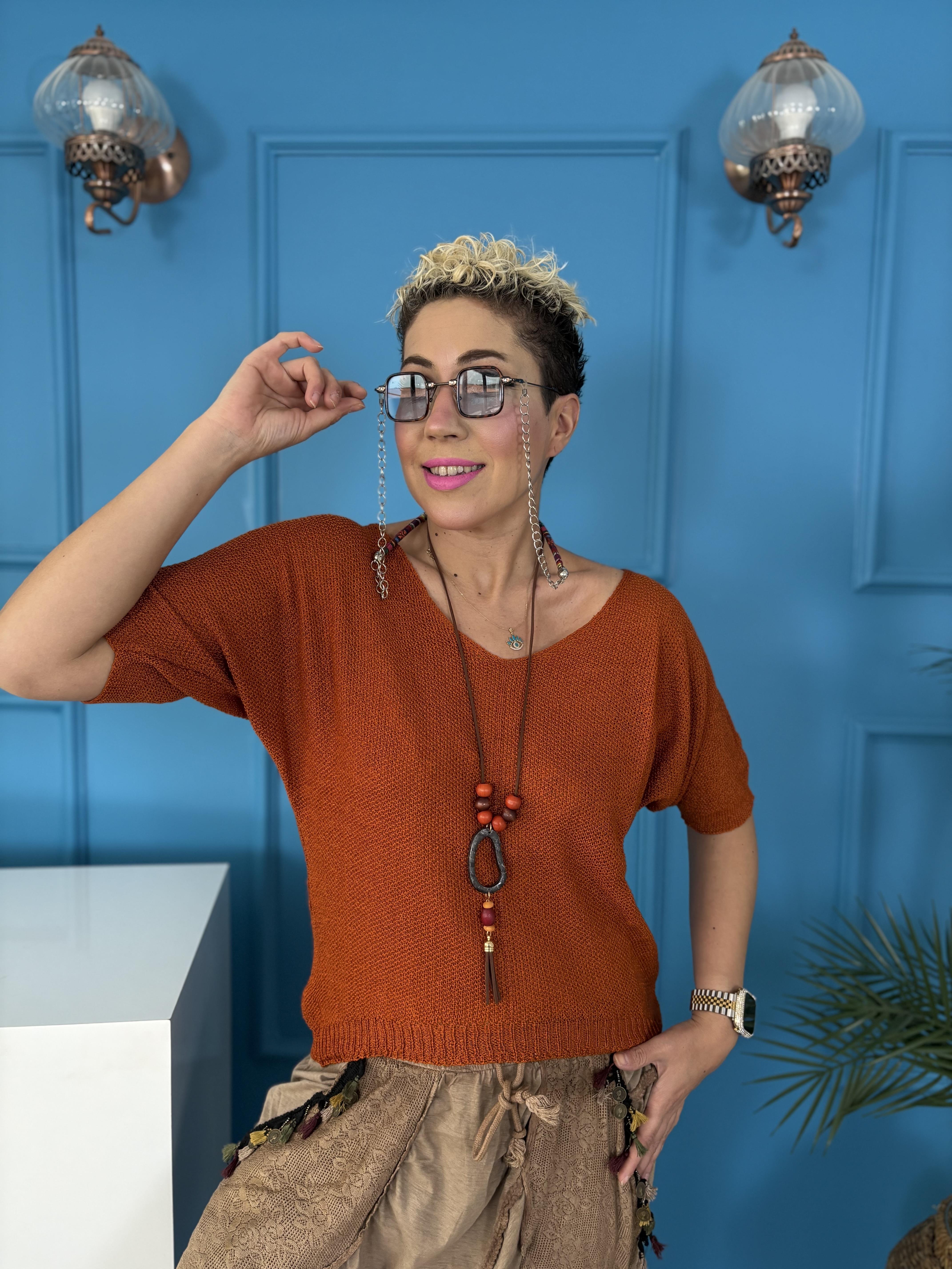 İtalyan Kolyeli Merserize Kiremit Bluz