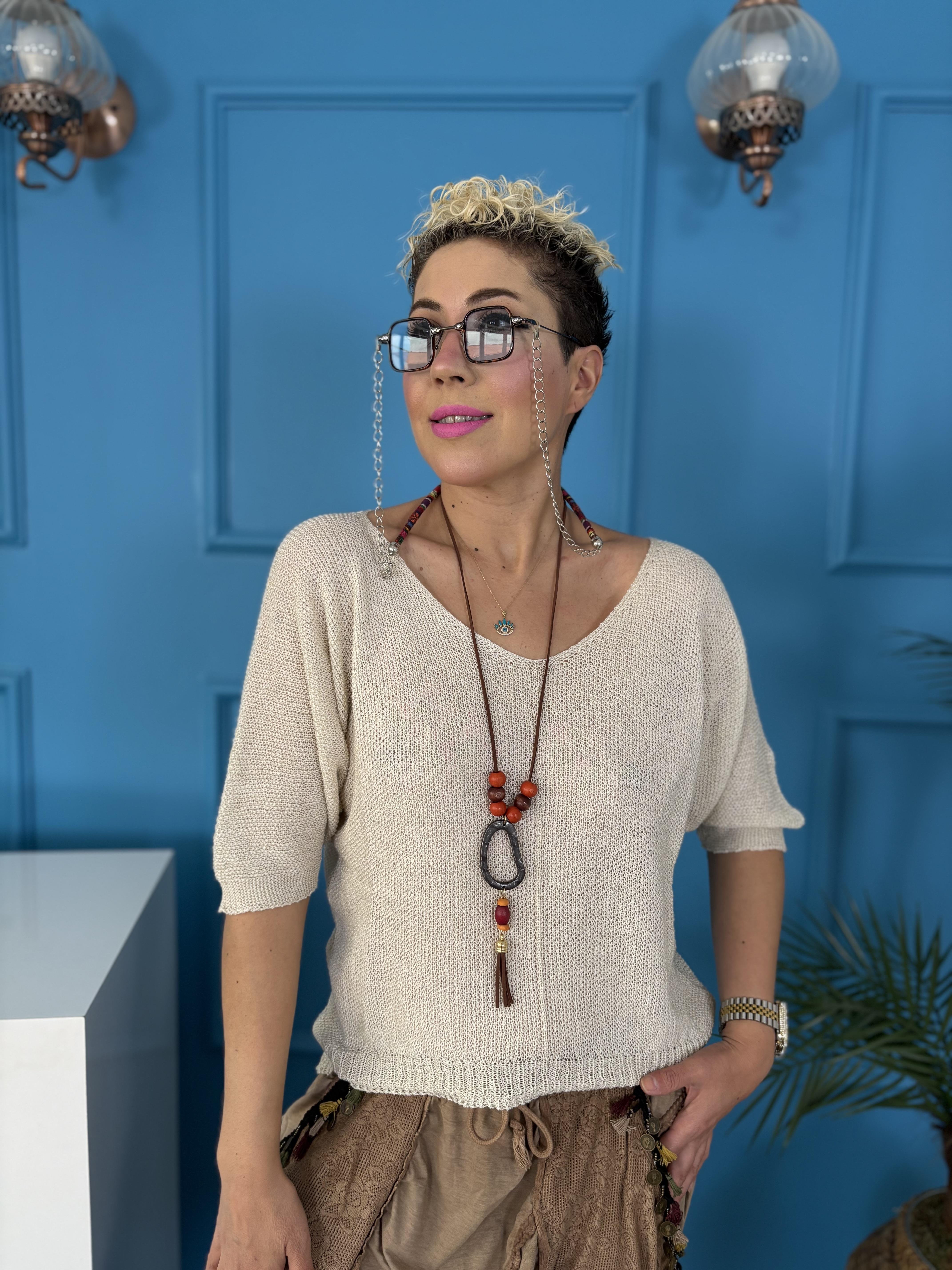 İtalyan Kolyeli Merserize Krem Bluz