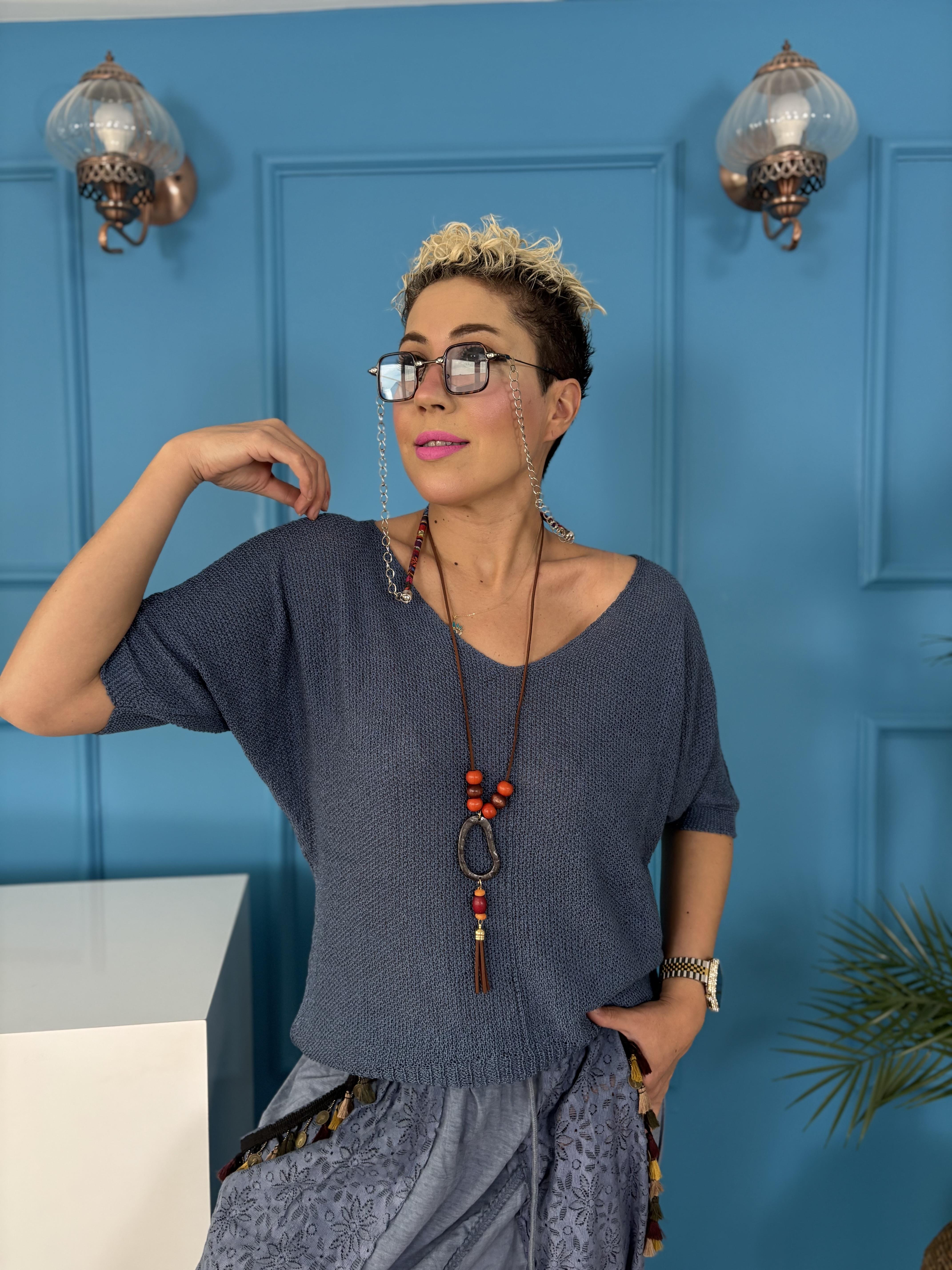 İtalyan Kolyeli Merserize Mavi Bluz