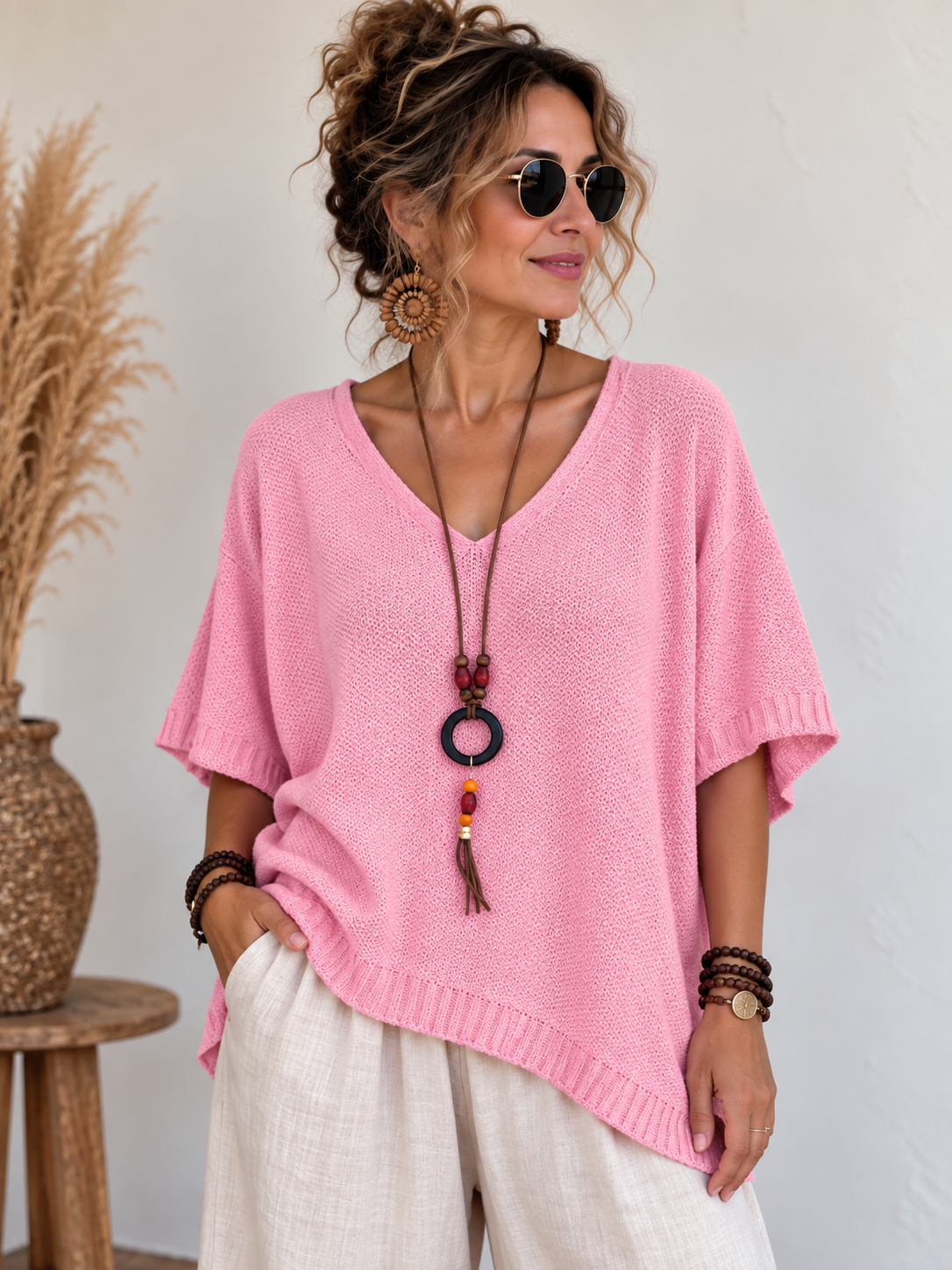 İtalyan Kolyeli Merserize Pembe Bluz