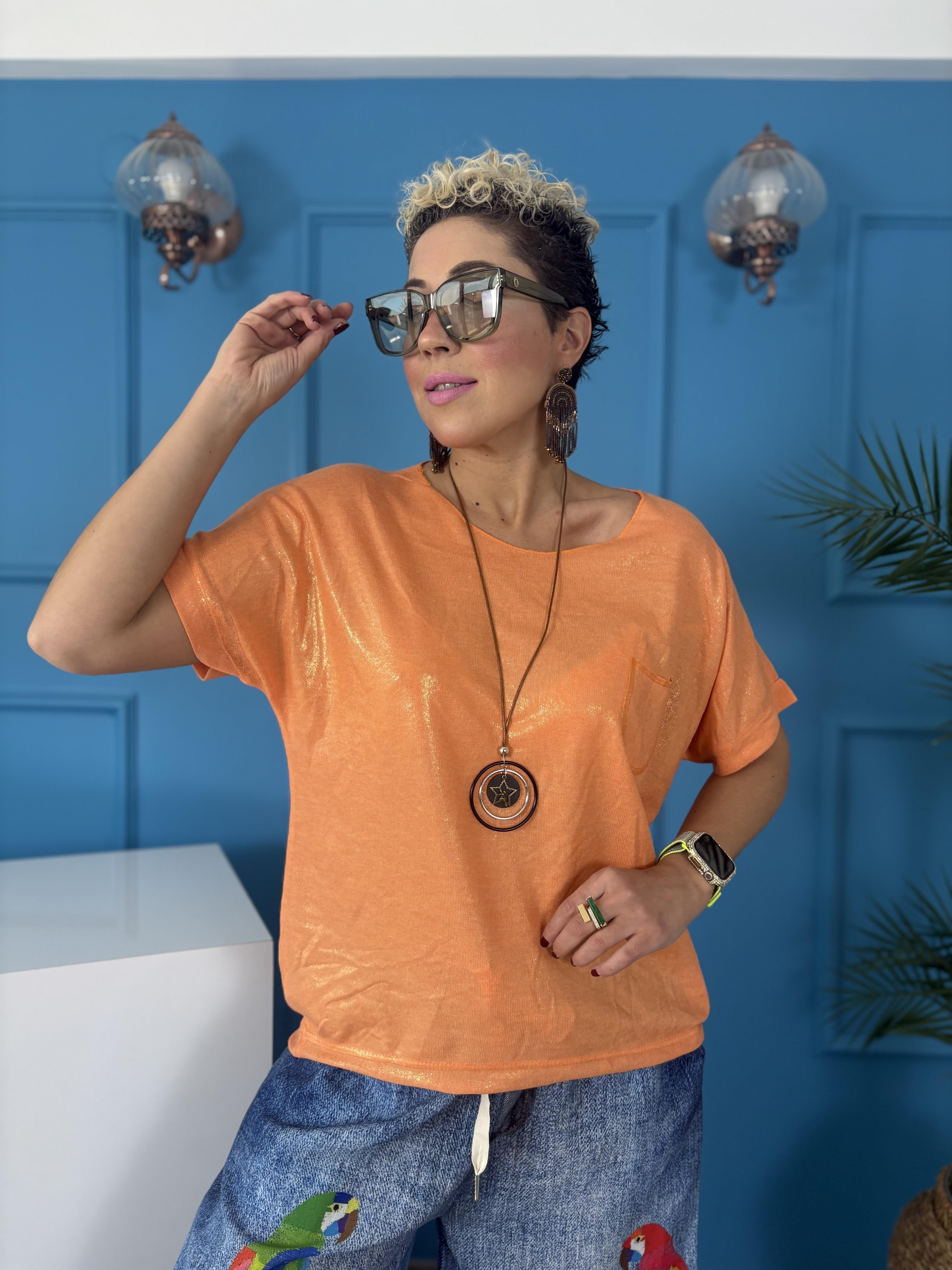 İtalyan Kolyeli Varaklı Turuncu Bluz