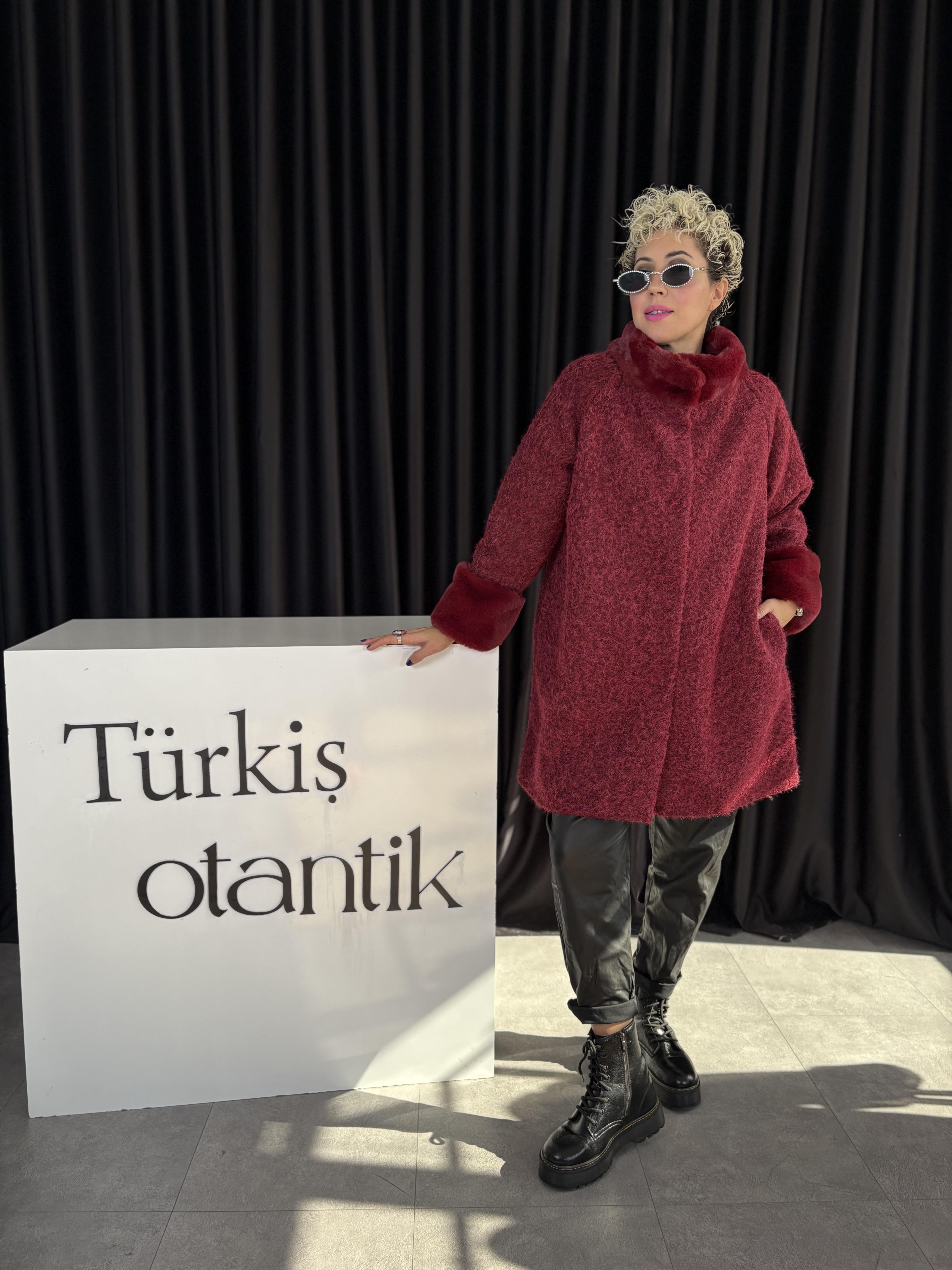 İtalyan Kürklü Uzun Bordo Kaşe Kaban