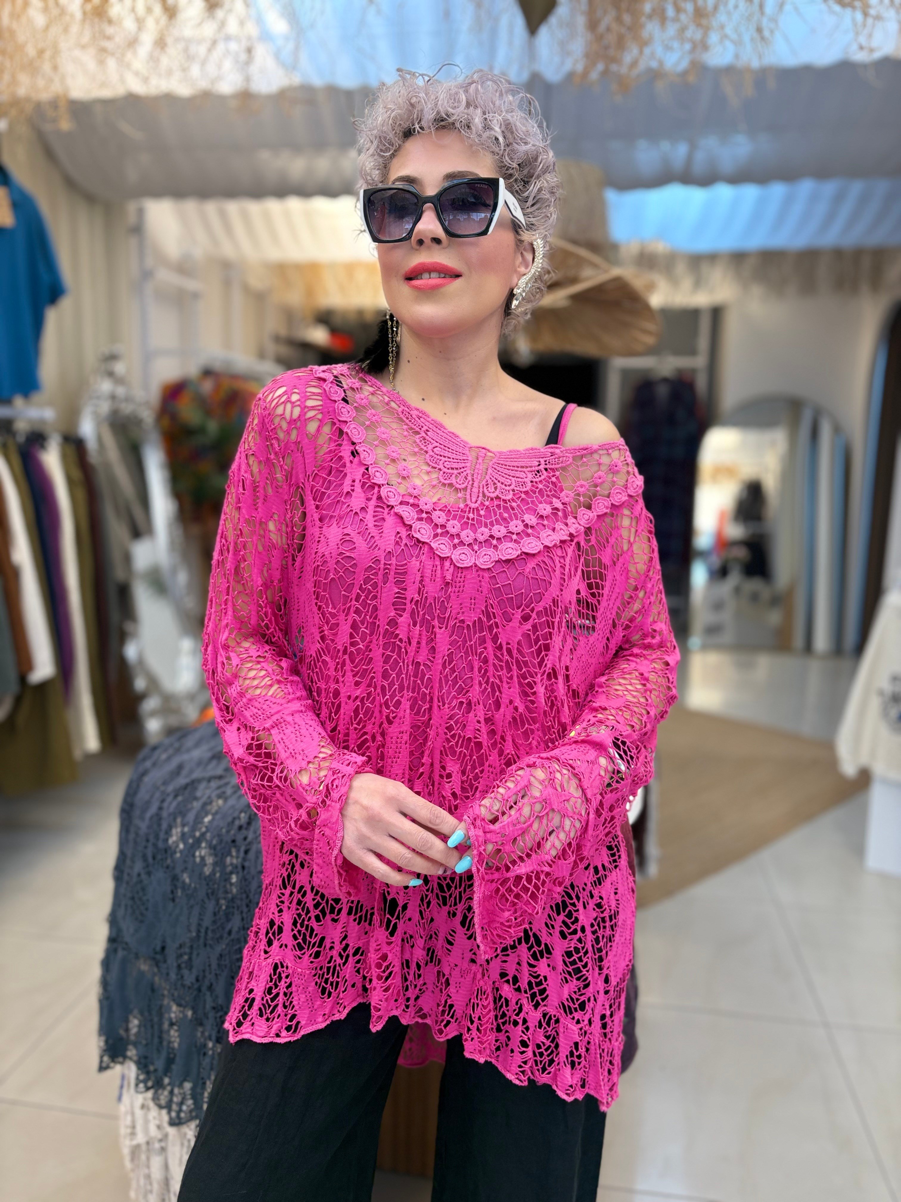 İtalyan Lazer Kesim Fuşya File Bluz