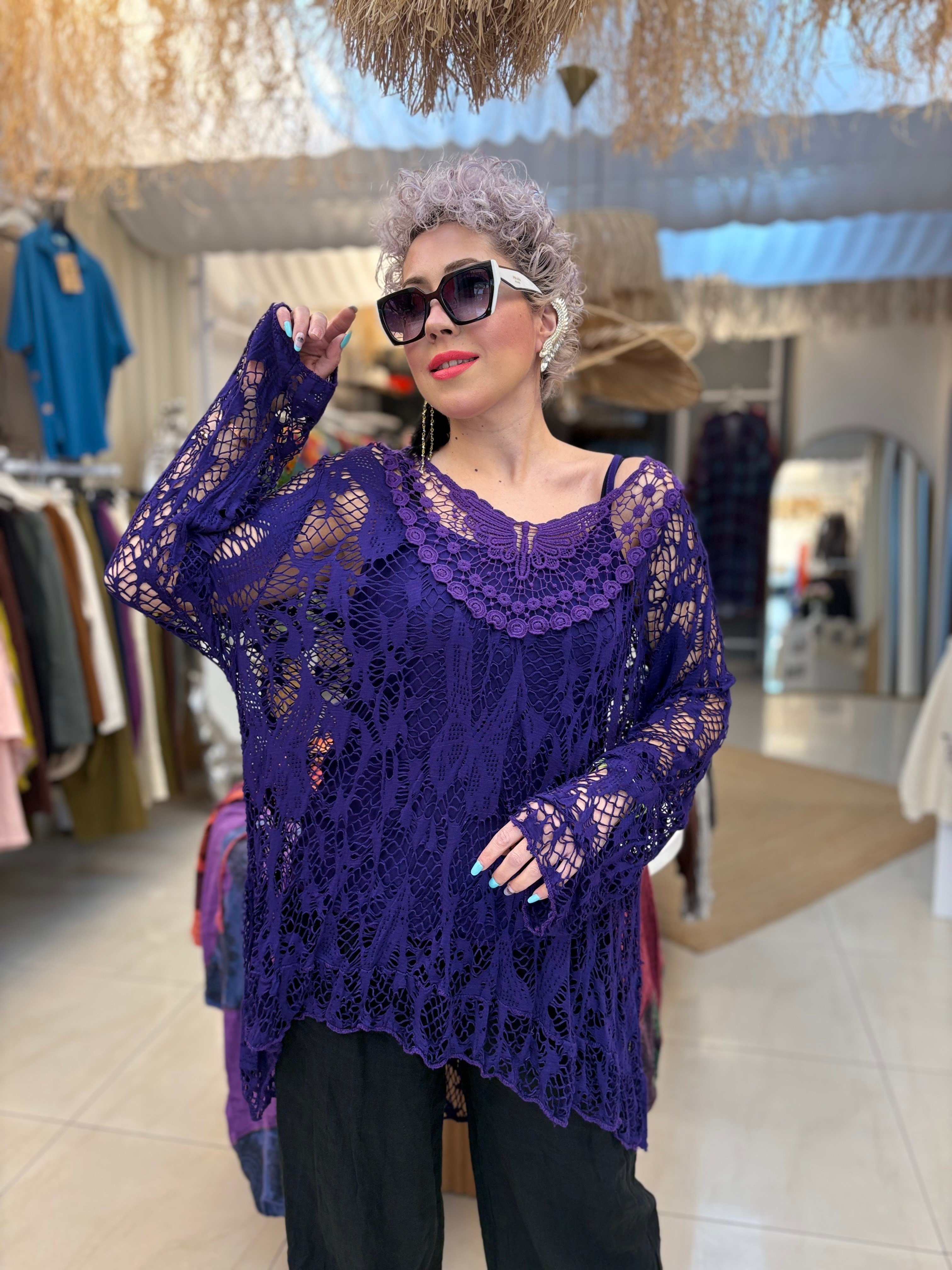İtalyan Lazer Kesim Mor File Bluz
