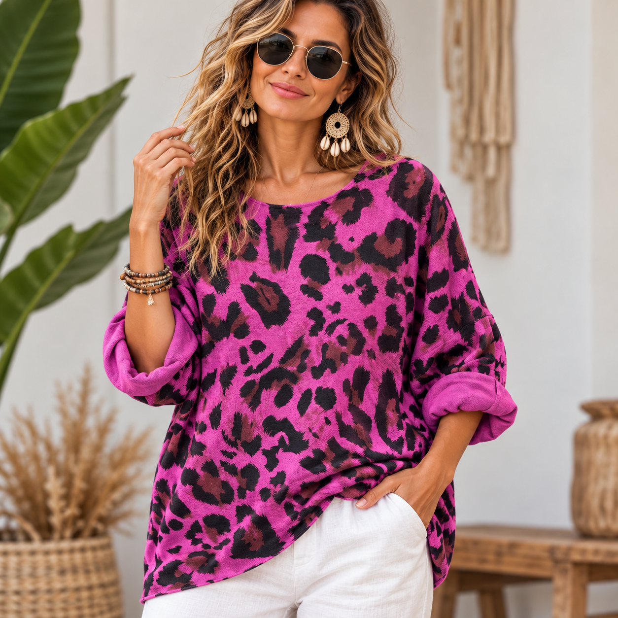 İtalyan Leopar Angora Fuşya Bluz