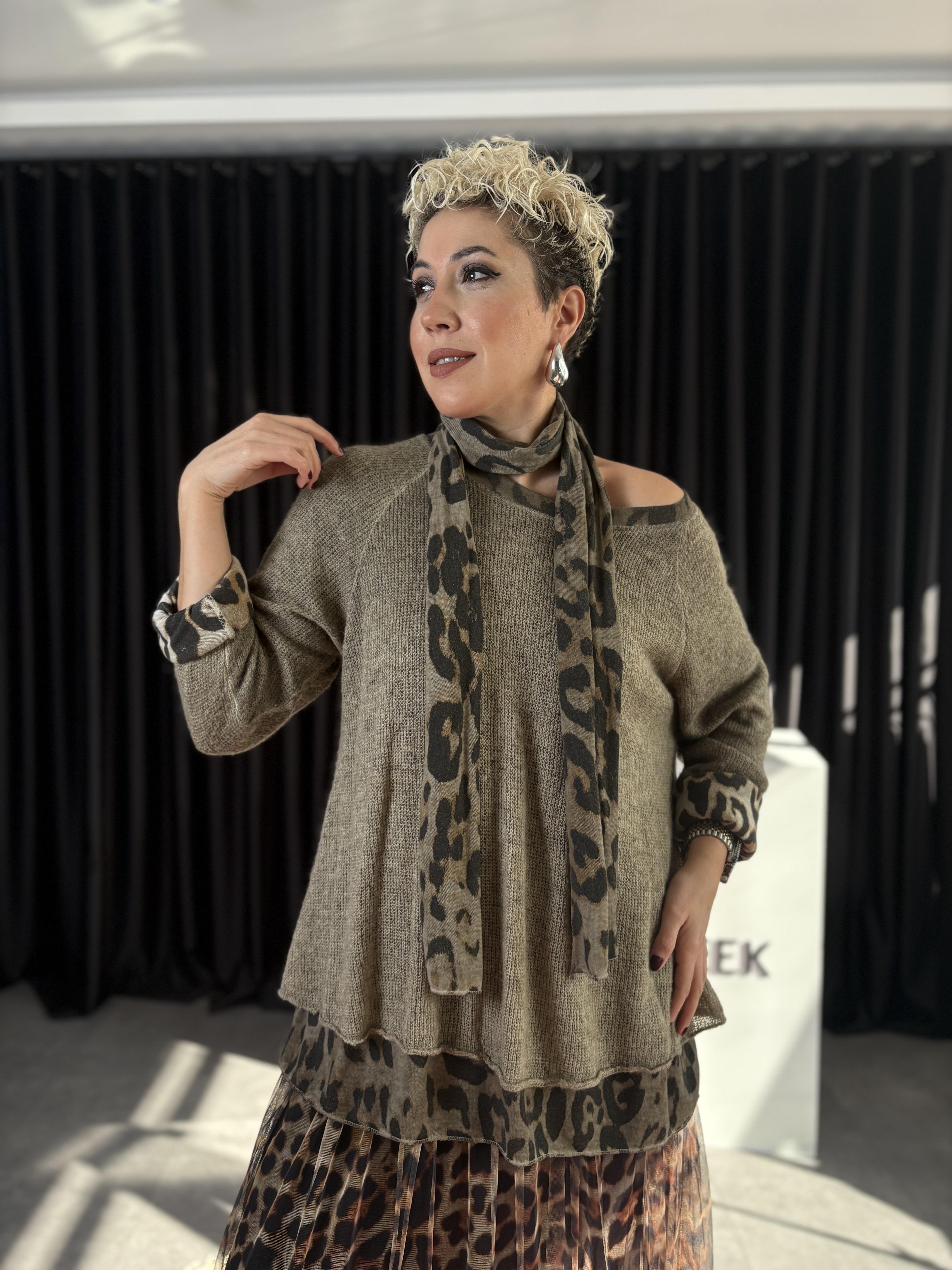 İtalyan Leopar Astarlı Şallı Vizon Yün Triko