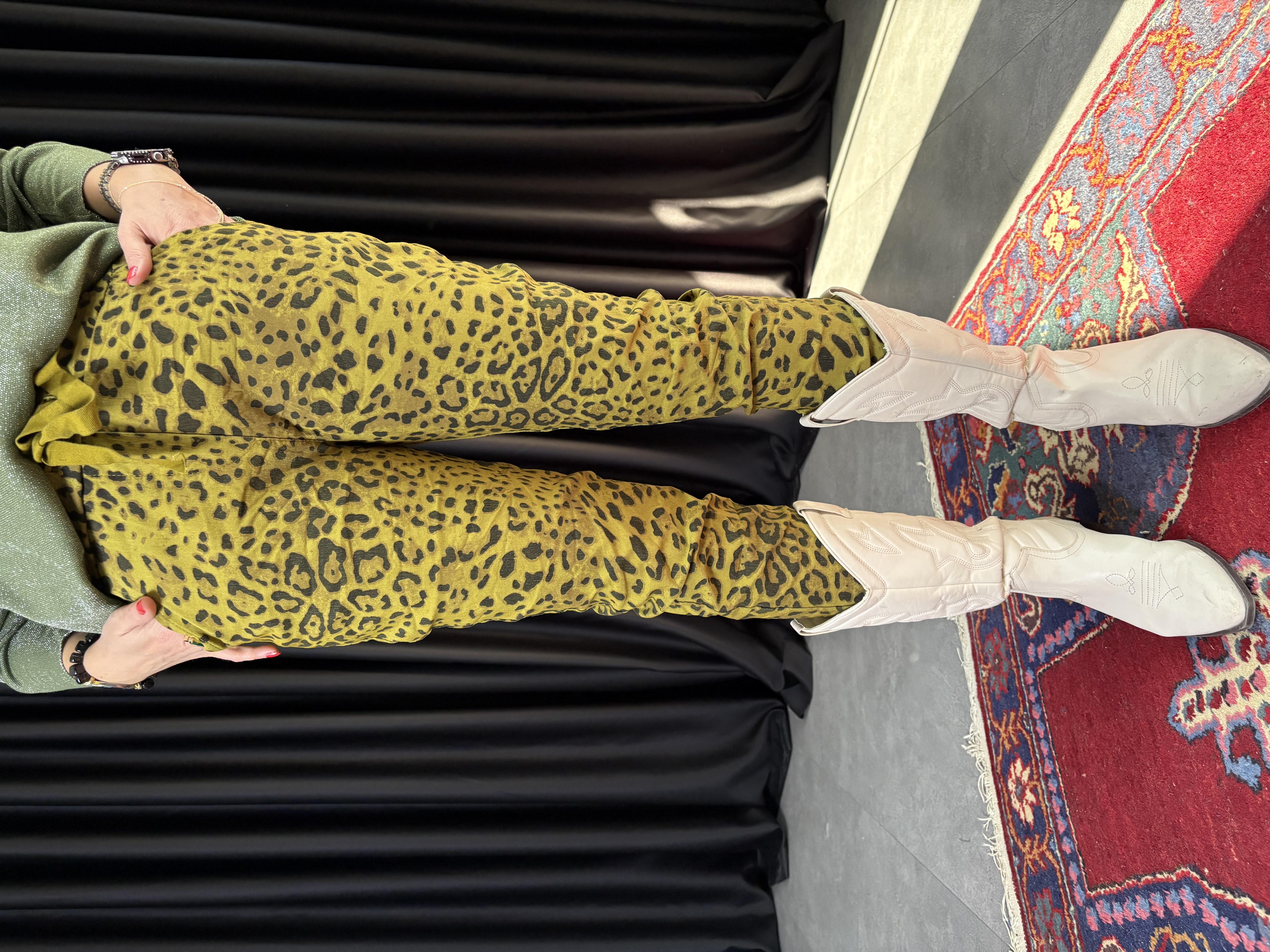 İtalyan Leopar Desen Yeşil Pantolon