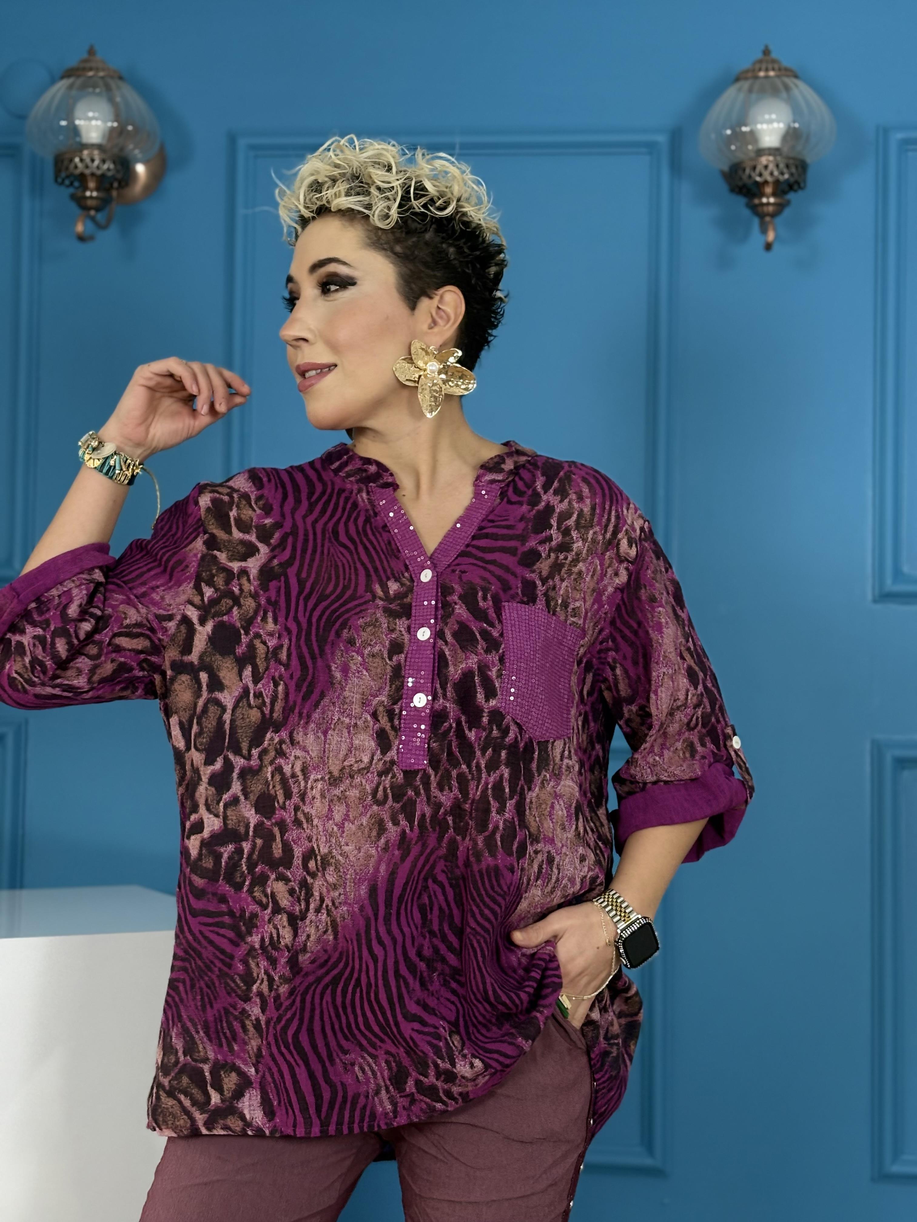 İtalyan Leopar Desenli Mor Pamuk Keten Gömlek
