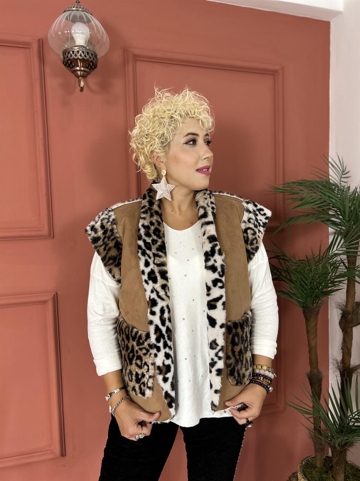 İtalyan Leopar Kürklü Taba Kısa Yelek