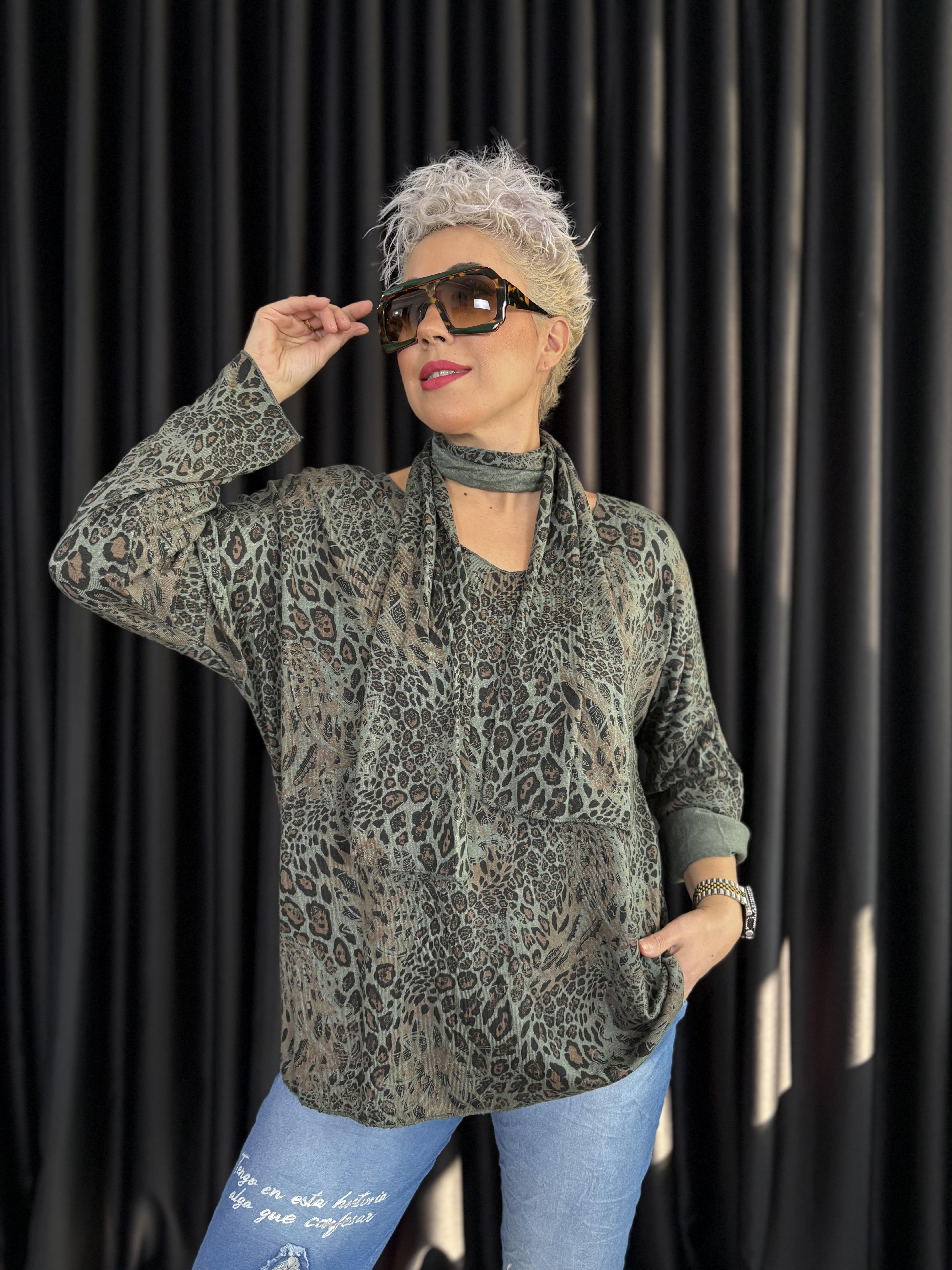 İtalyan Leopar Şallı Haki Bluz