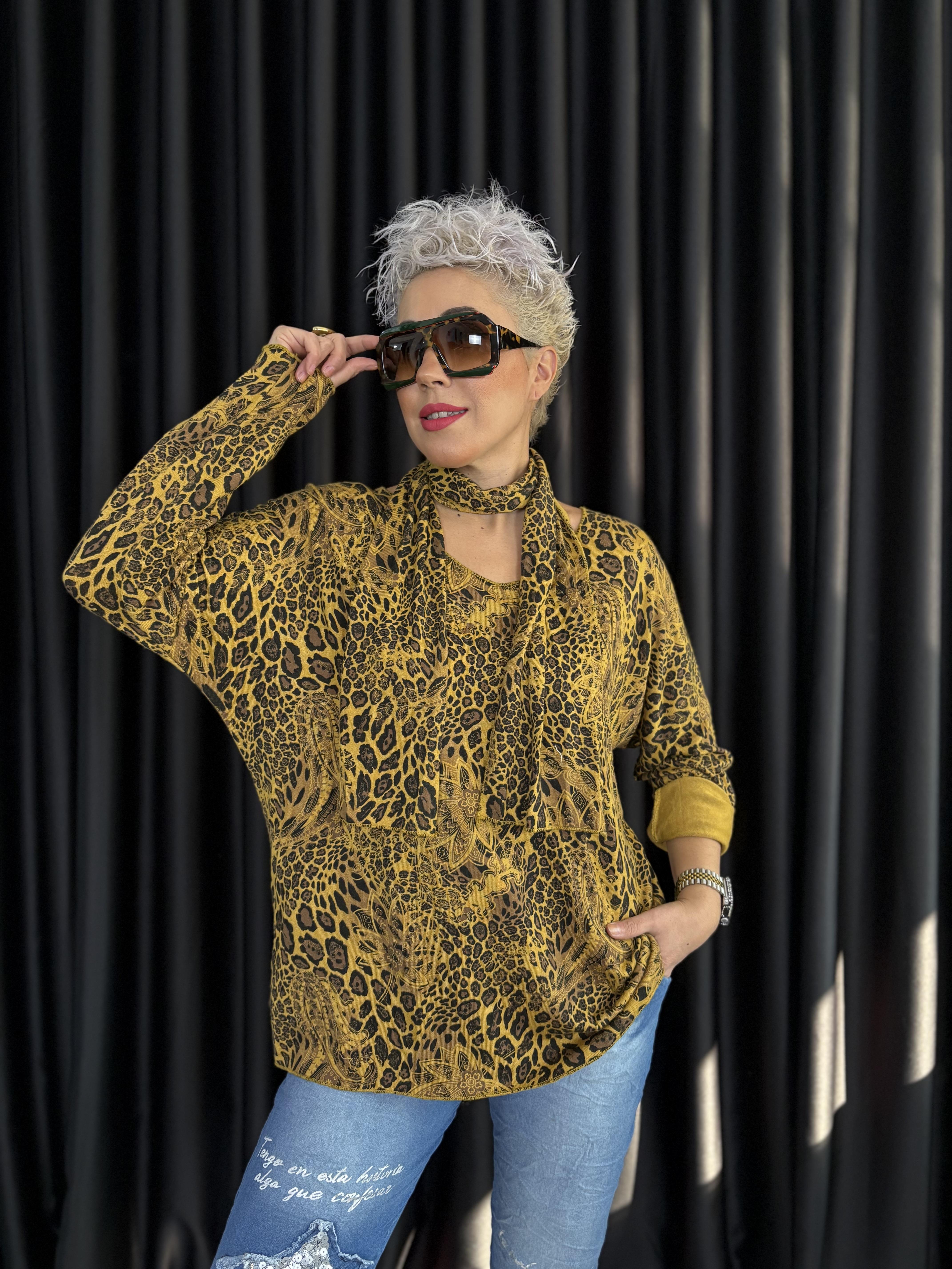 İtalyan Leopar Şallı Hardal Bluz