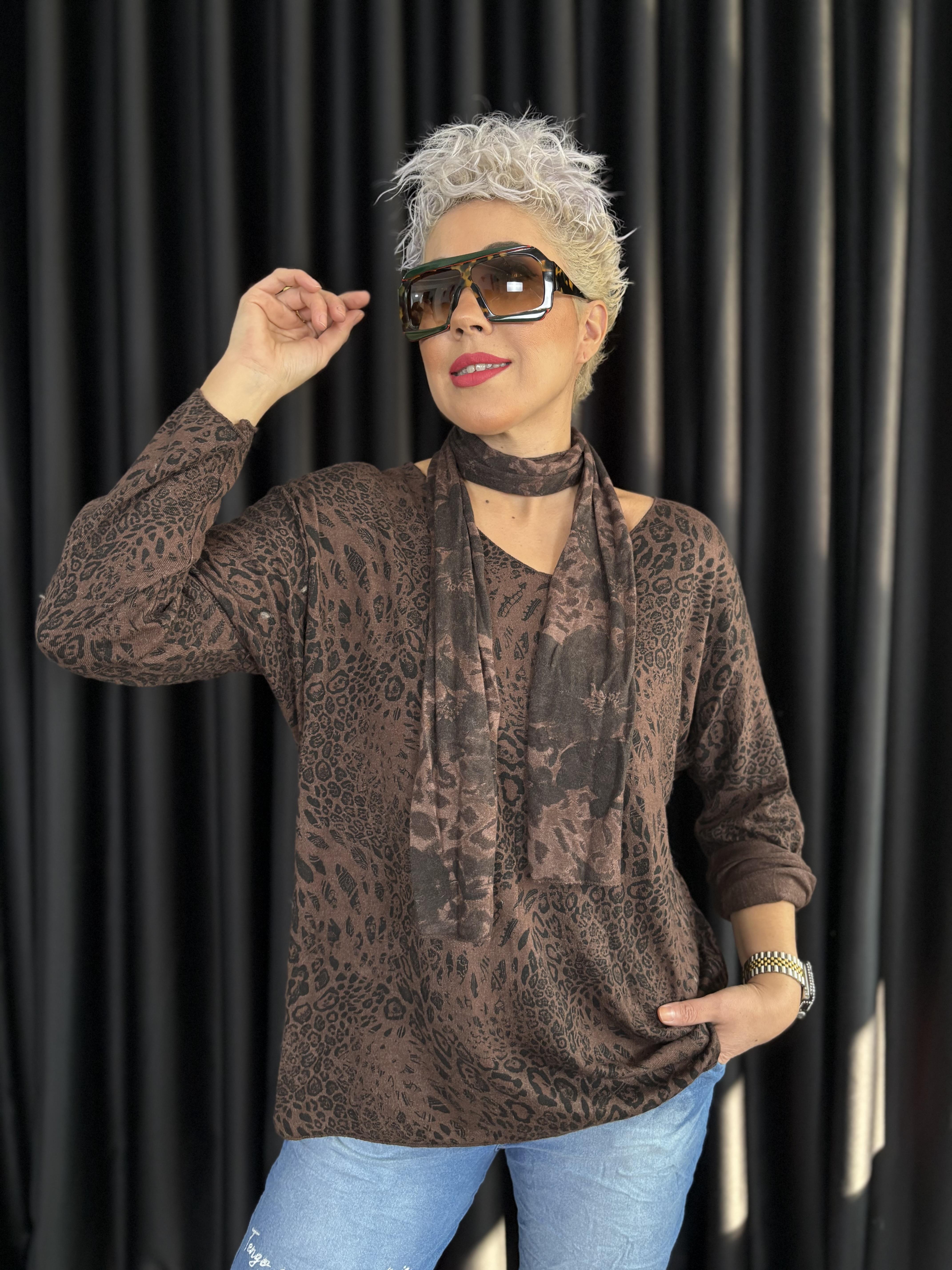 İtalyan Leopar Şallı Kahve Bluz