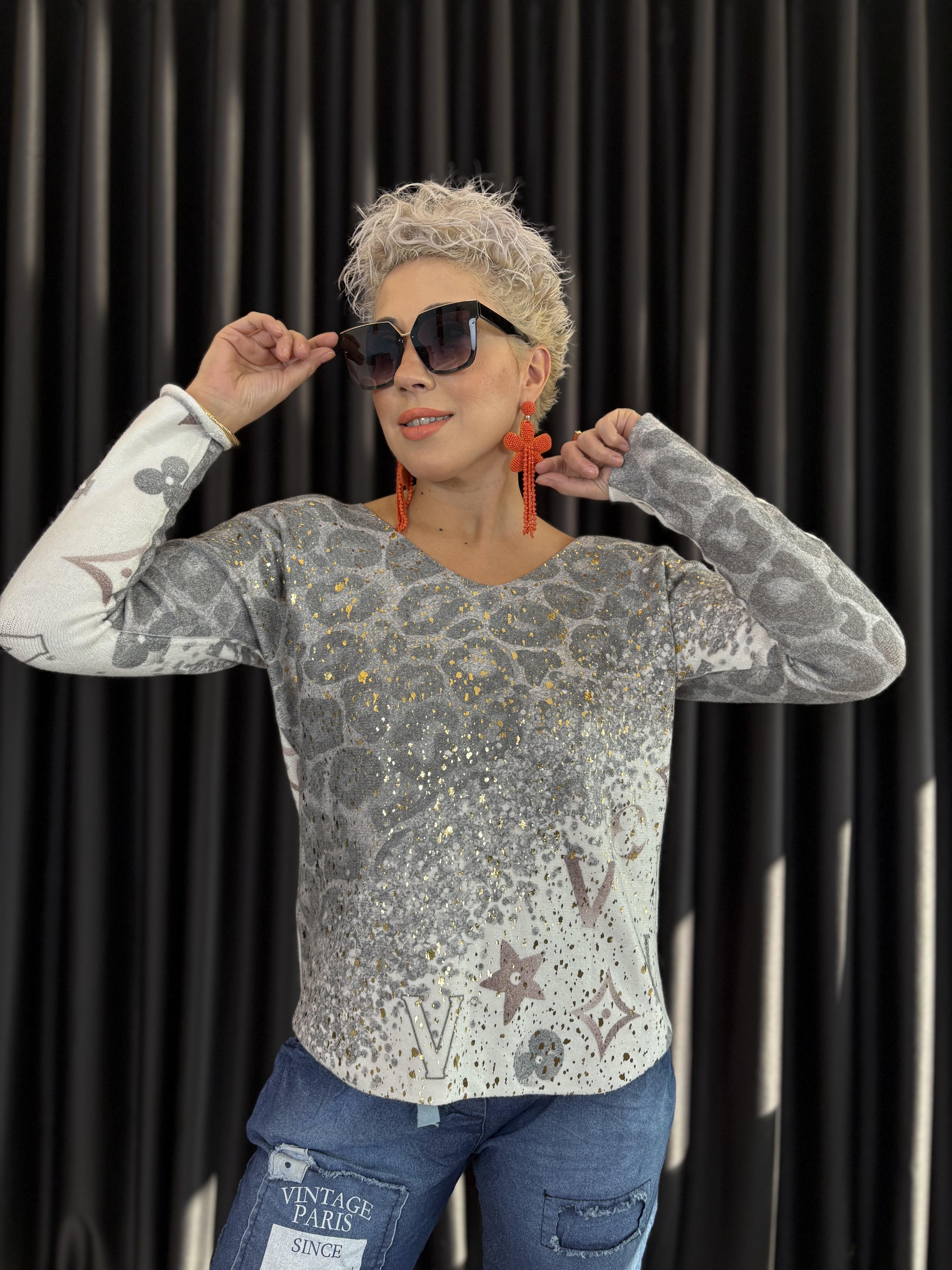 İtalyan Leopar Vaeak Detaylı Gri Angora Kazak