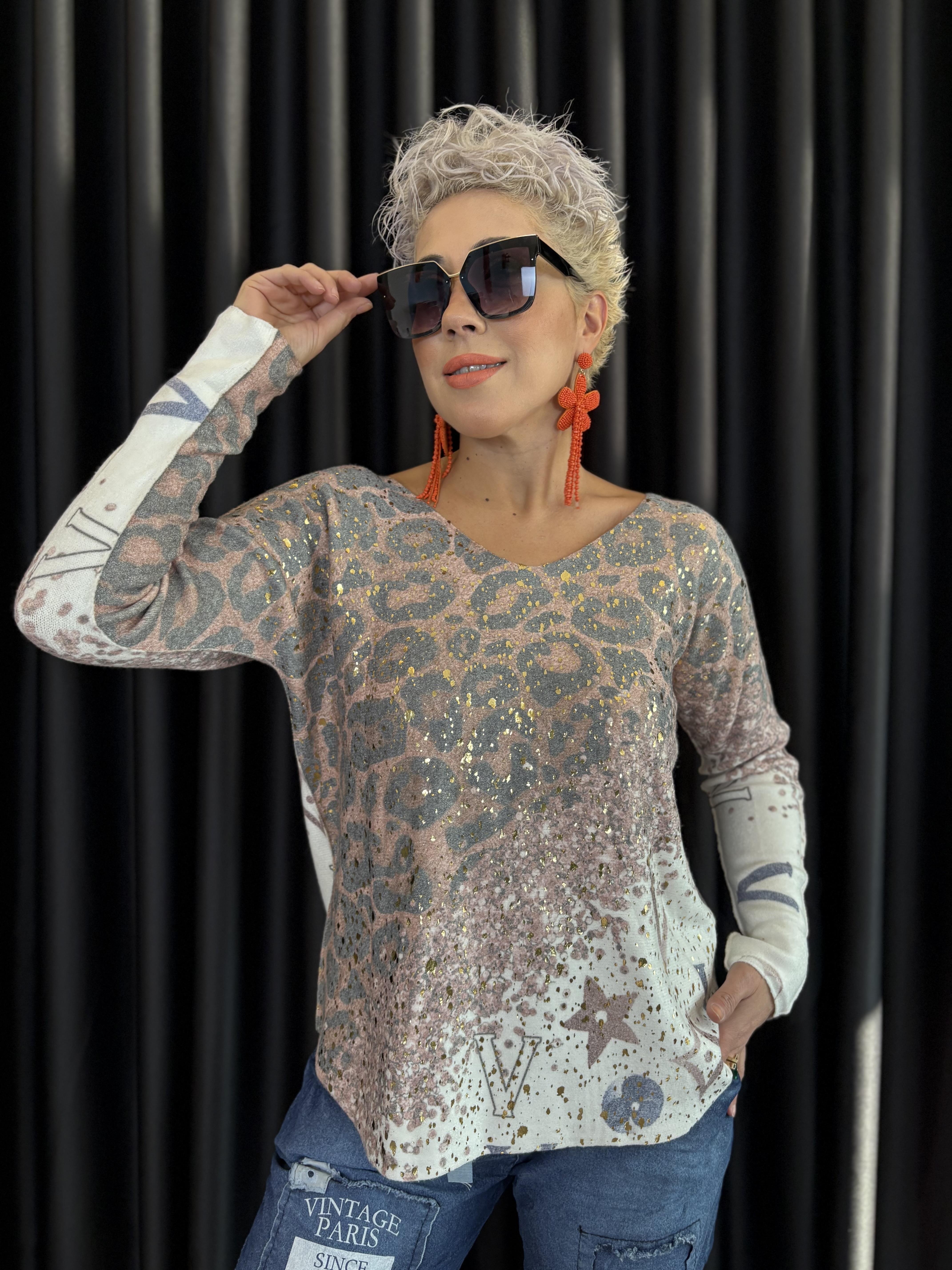 İtalyan Leopar Varak Detaylı Pembe Angora Kazak