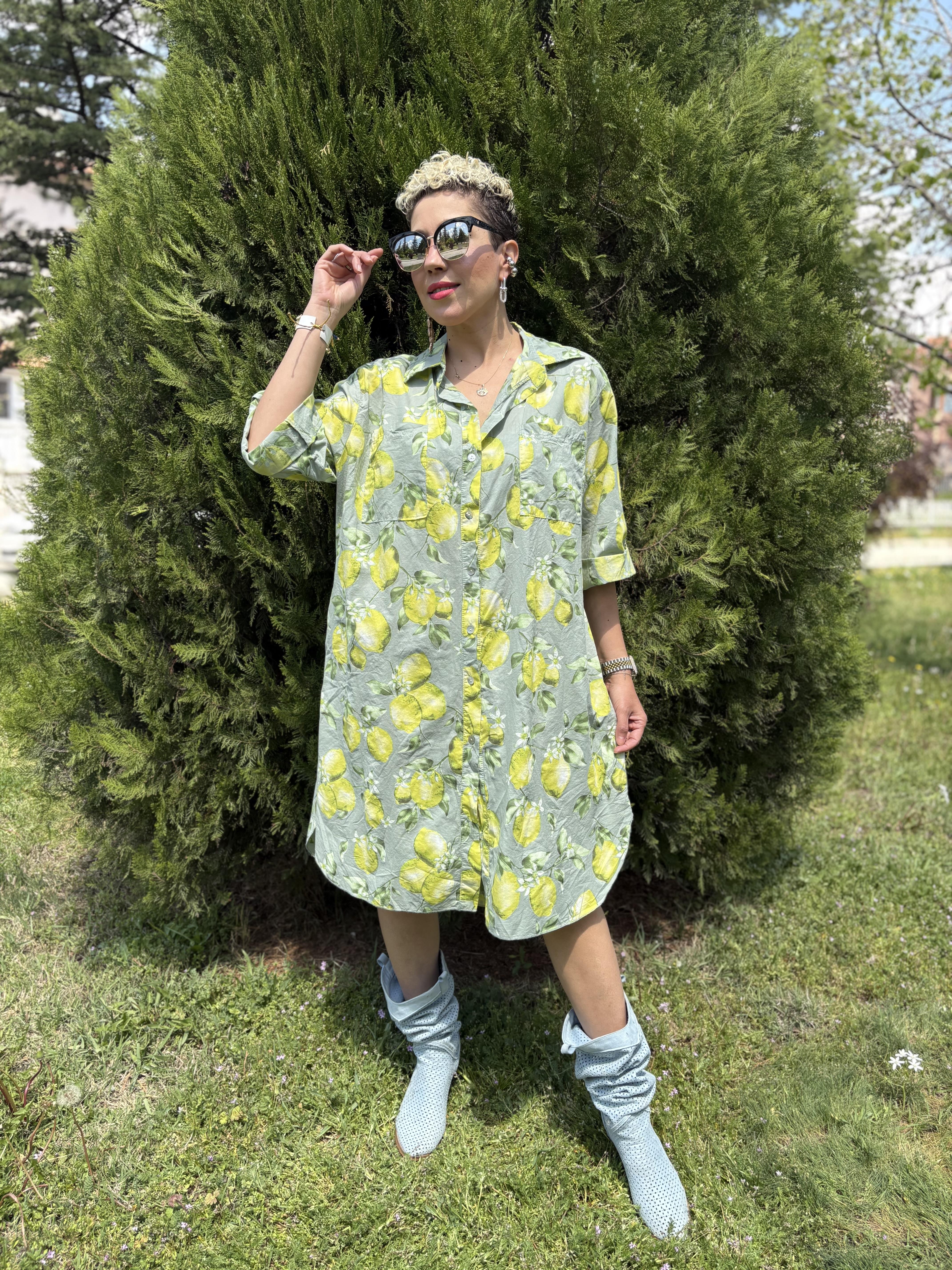 İtalyan Limon Desenli Haki Gömlek Elbise