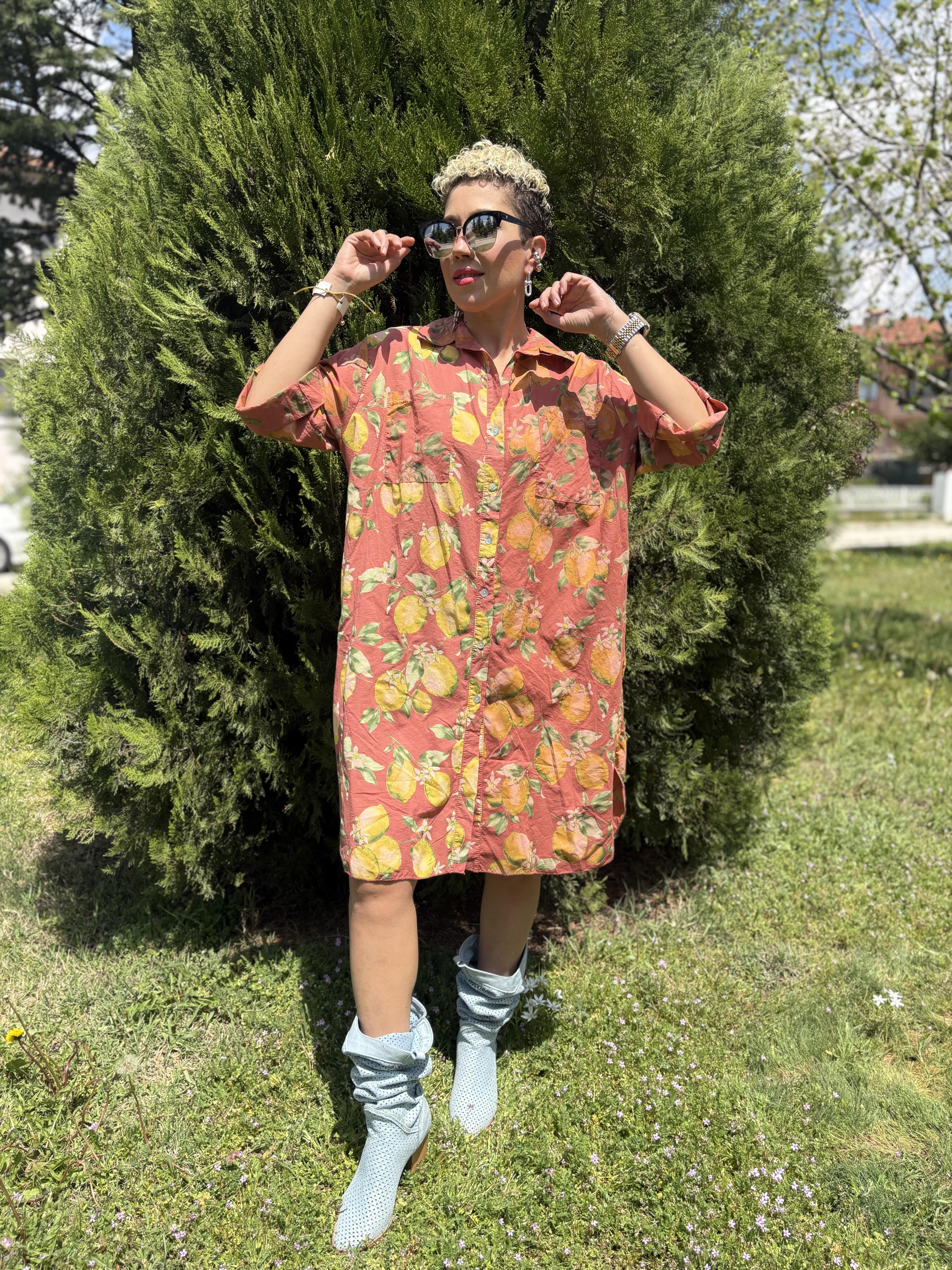 İtalyan Limon Desenli Kiremit Gömlek Elbise