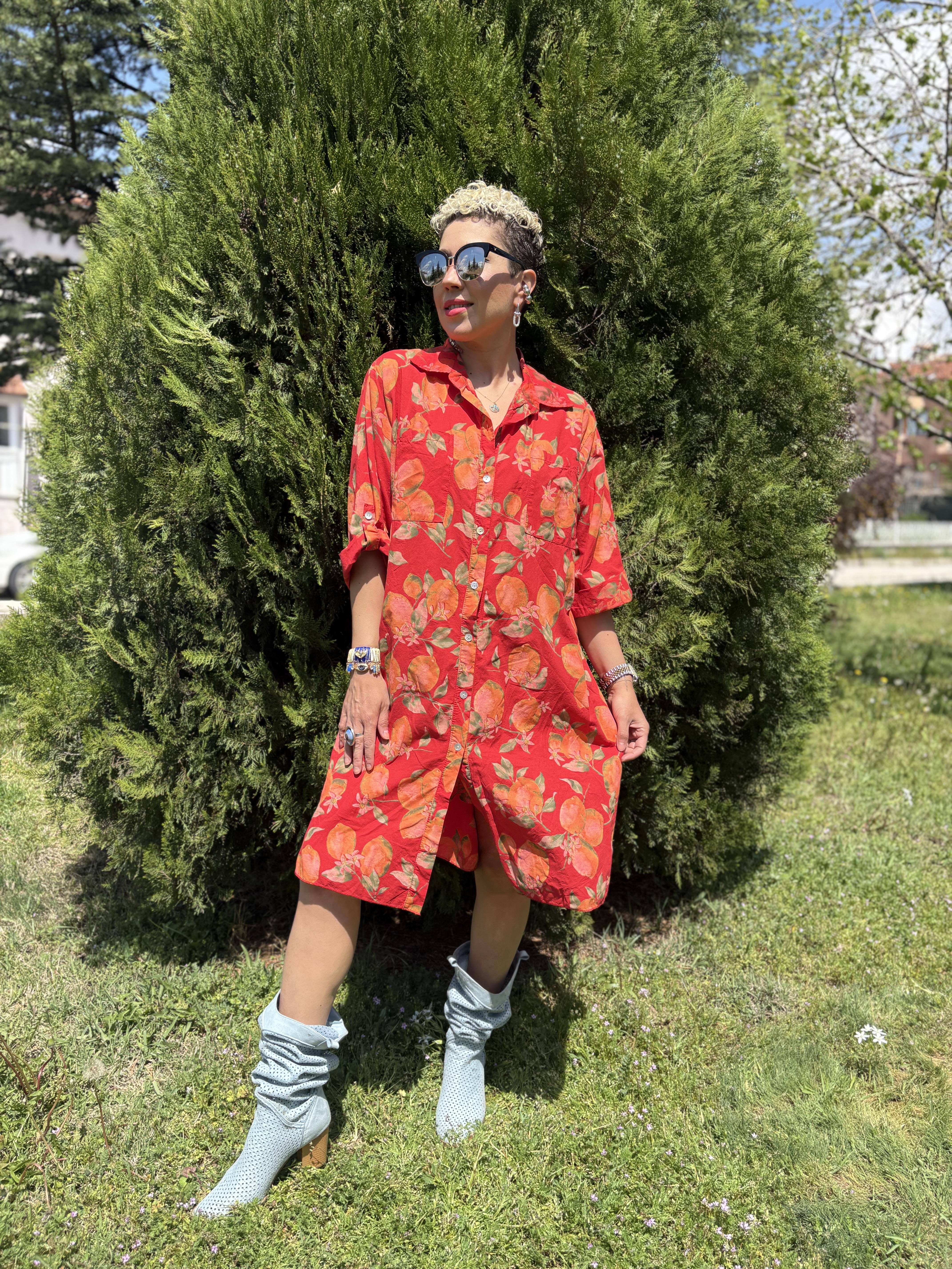 İtalyan Limon Desenli Kırmızı Gömlek Elbise