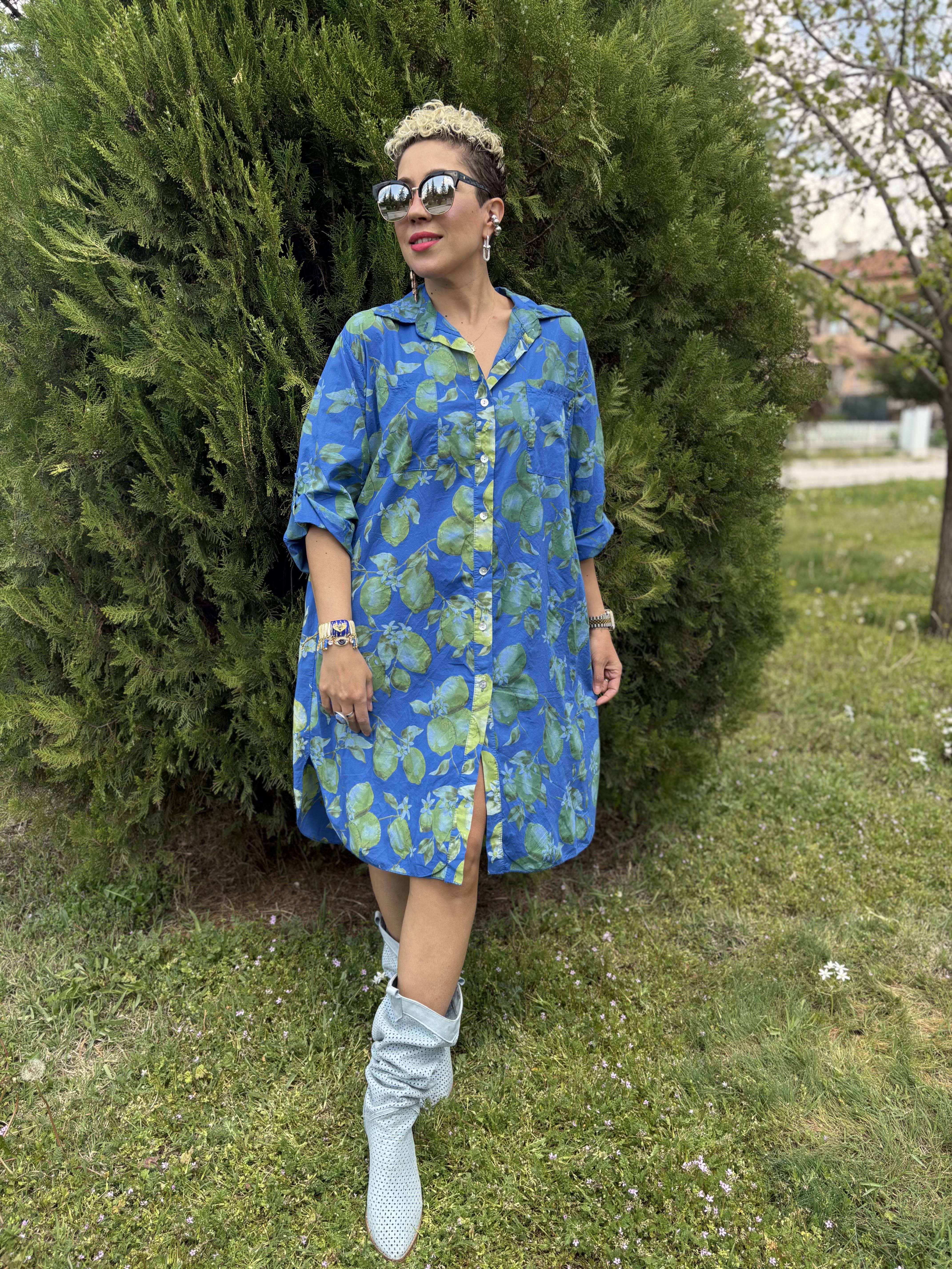 İtalyan Limon DesenliSax Mavi Gömlek Elbise