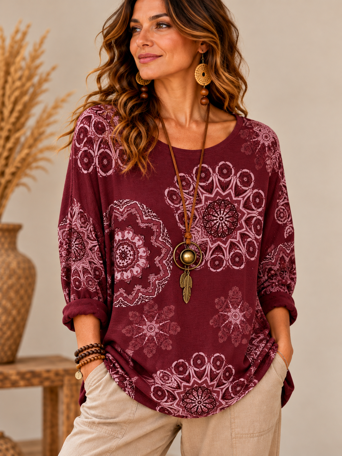 İtalyan Mandala Desen Kolyeli Angora Salaş Bordo Bluz