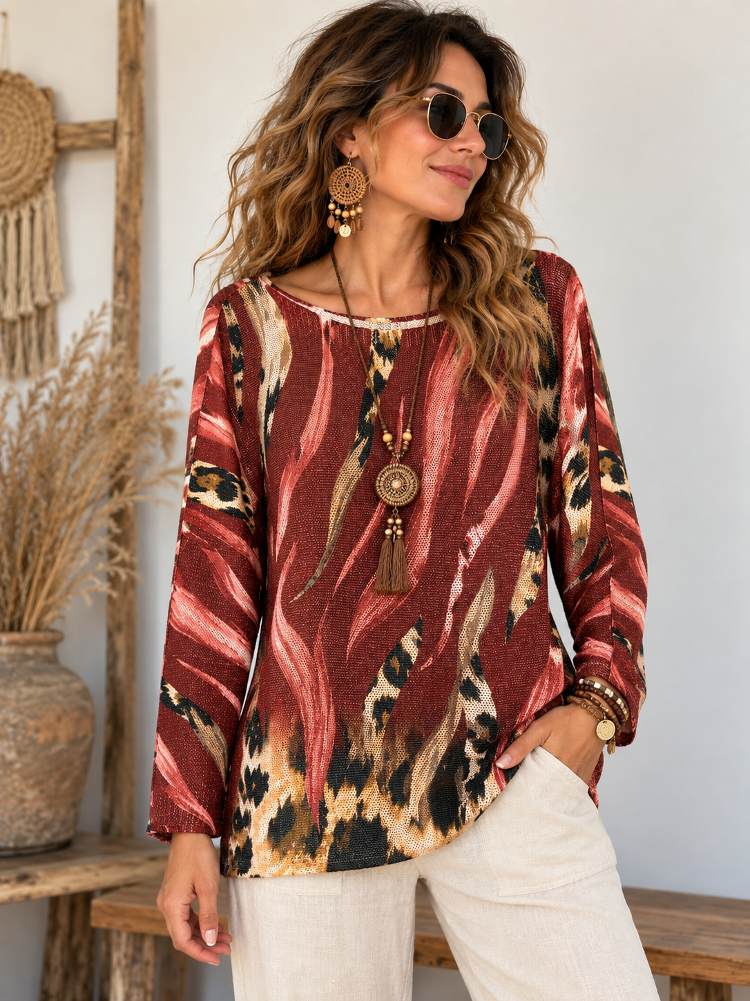İtalyan Merserize Bordo Leopar Bluz
