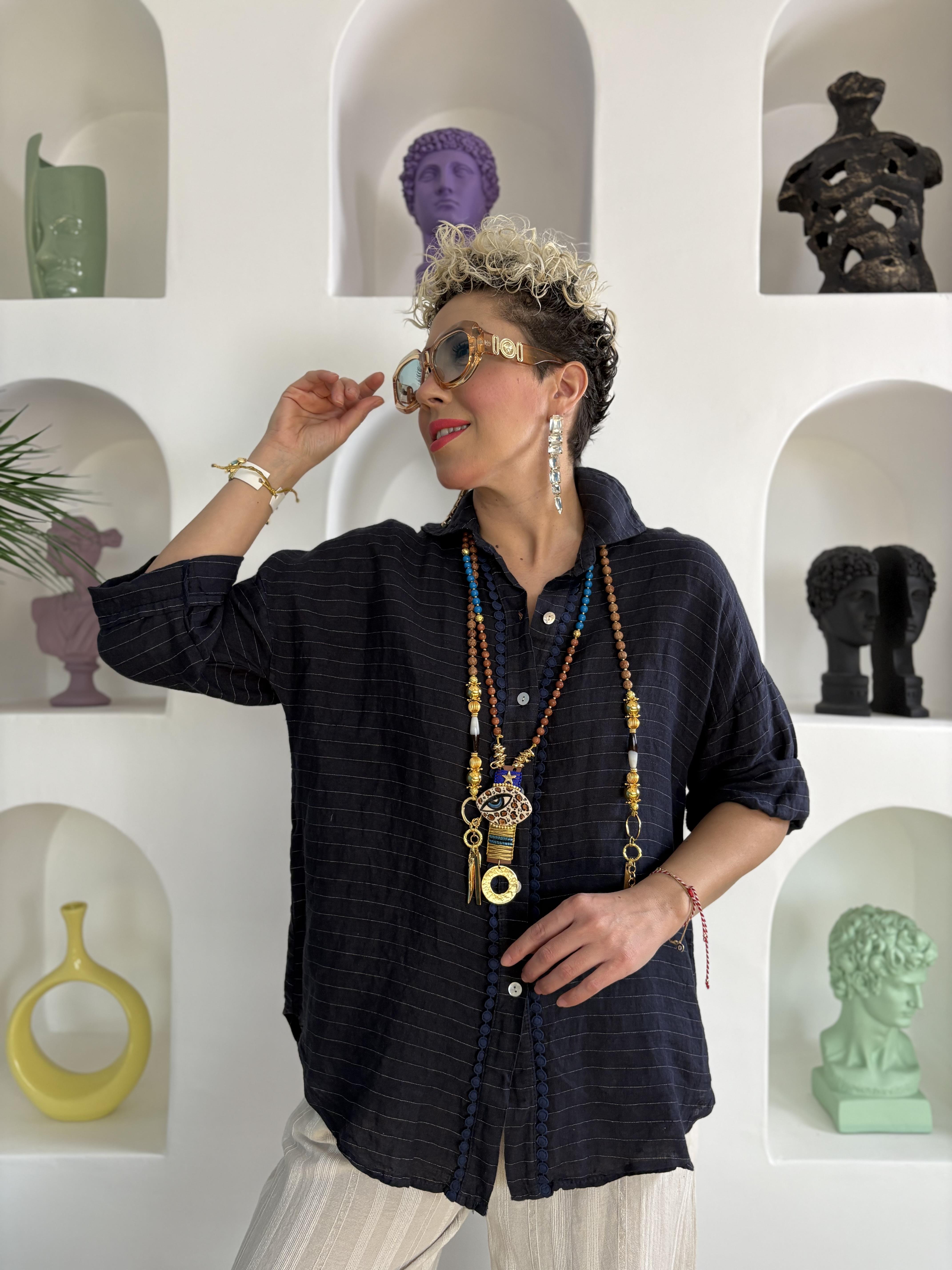 İtalyan Nakış Detaylı Çizgili Lacivert Keten Gömlek