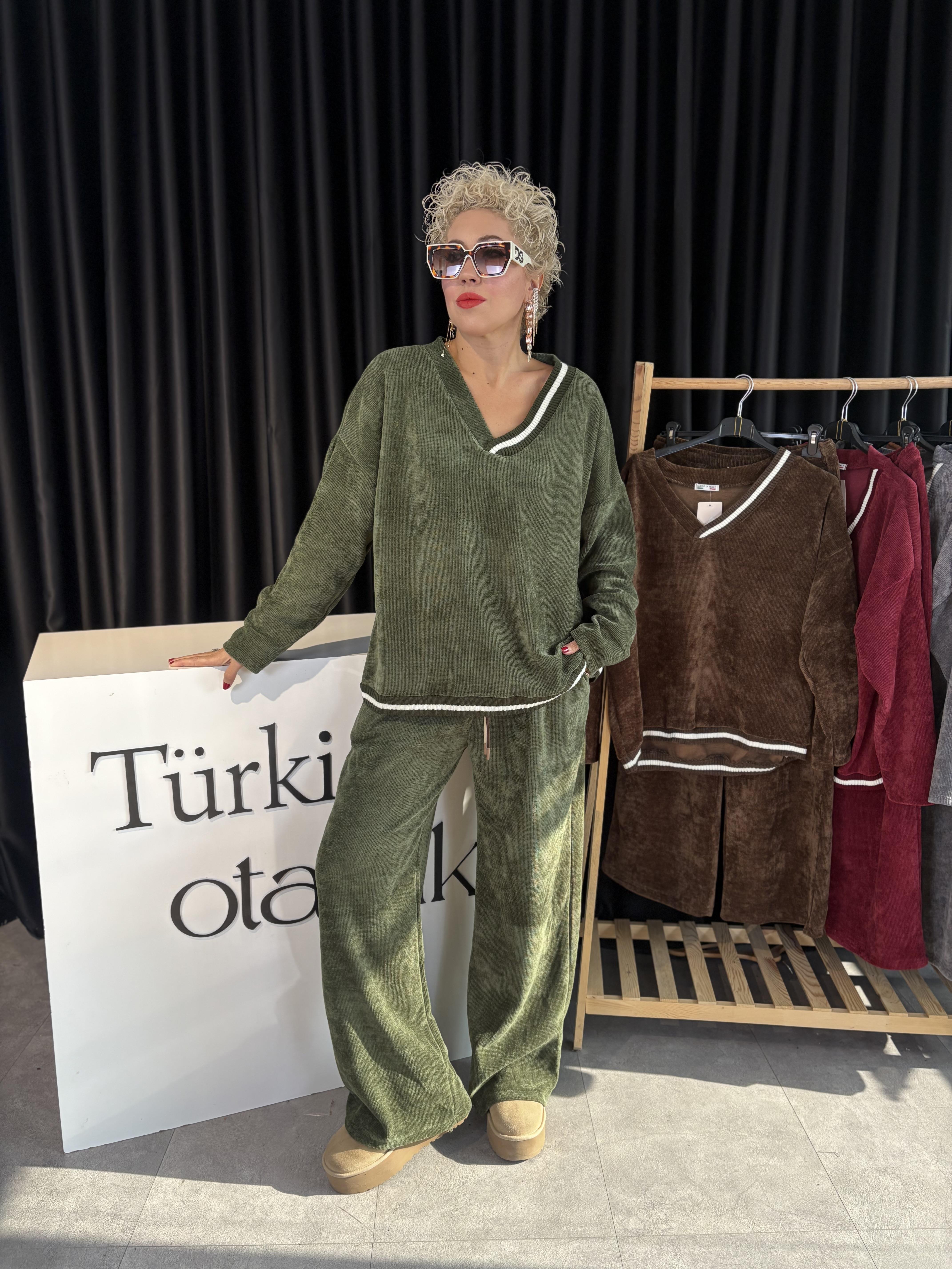 İtalyan Palazzo Model Haki Kadife Takım
