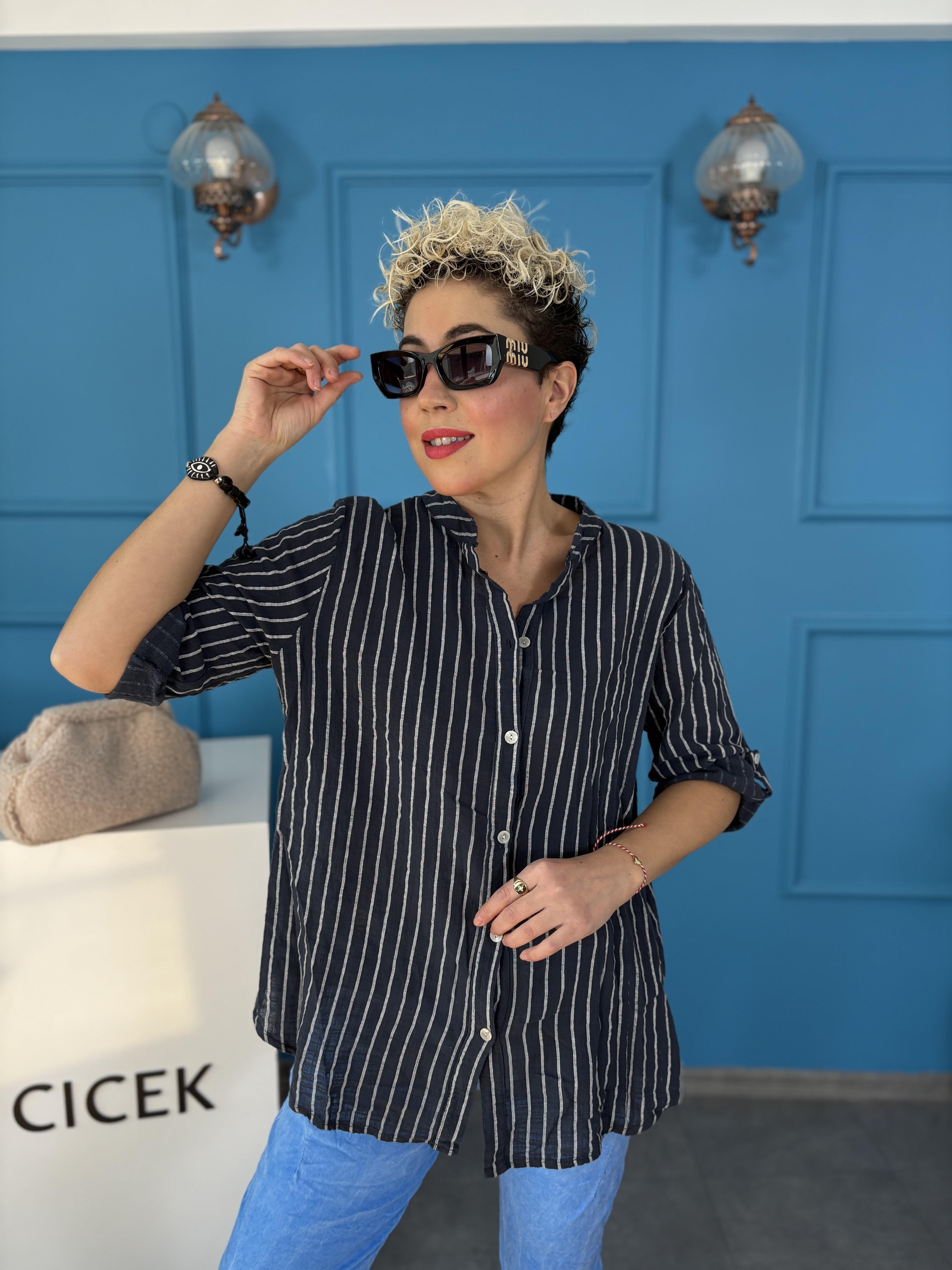 İtalyan Pamuk Keten Çizgili Lacivert Gömlek