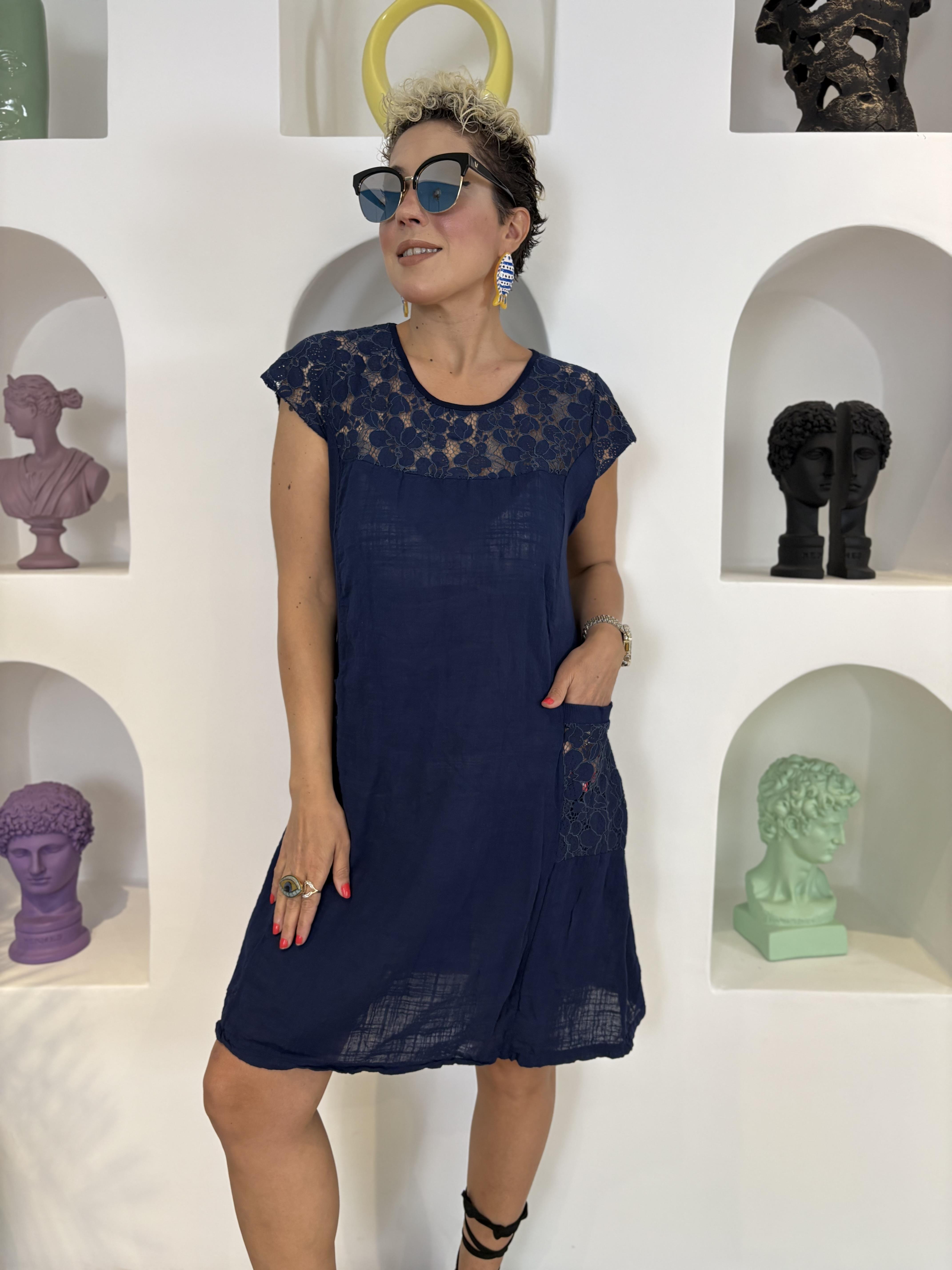 İtalyan Pamuk Keten Dantel Detay Lacivert Elbise
