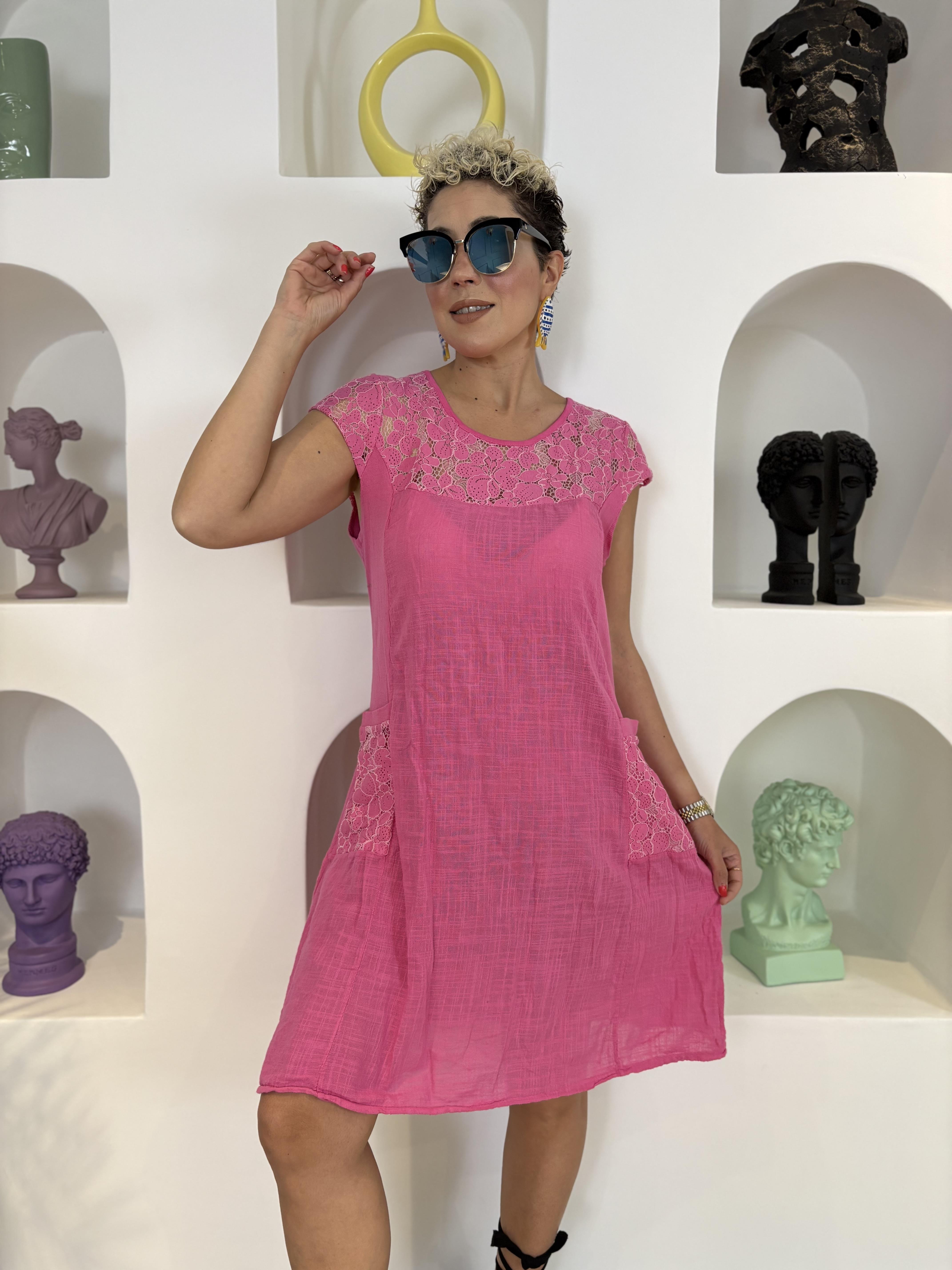İtalyan Pamuk Keten Dantel Detay Pembe Elbise