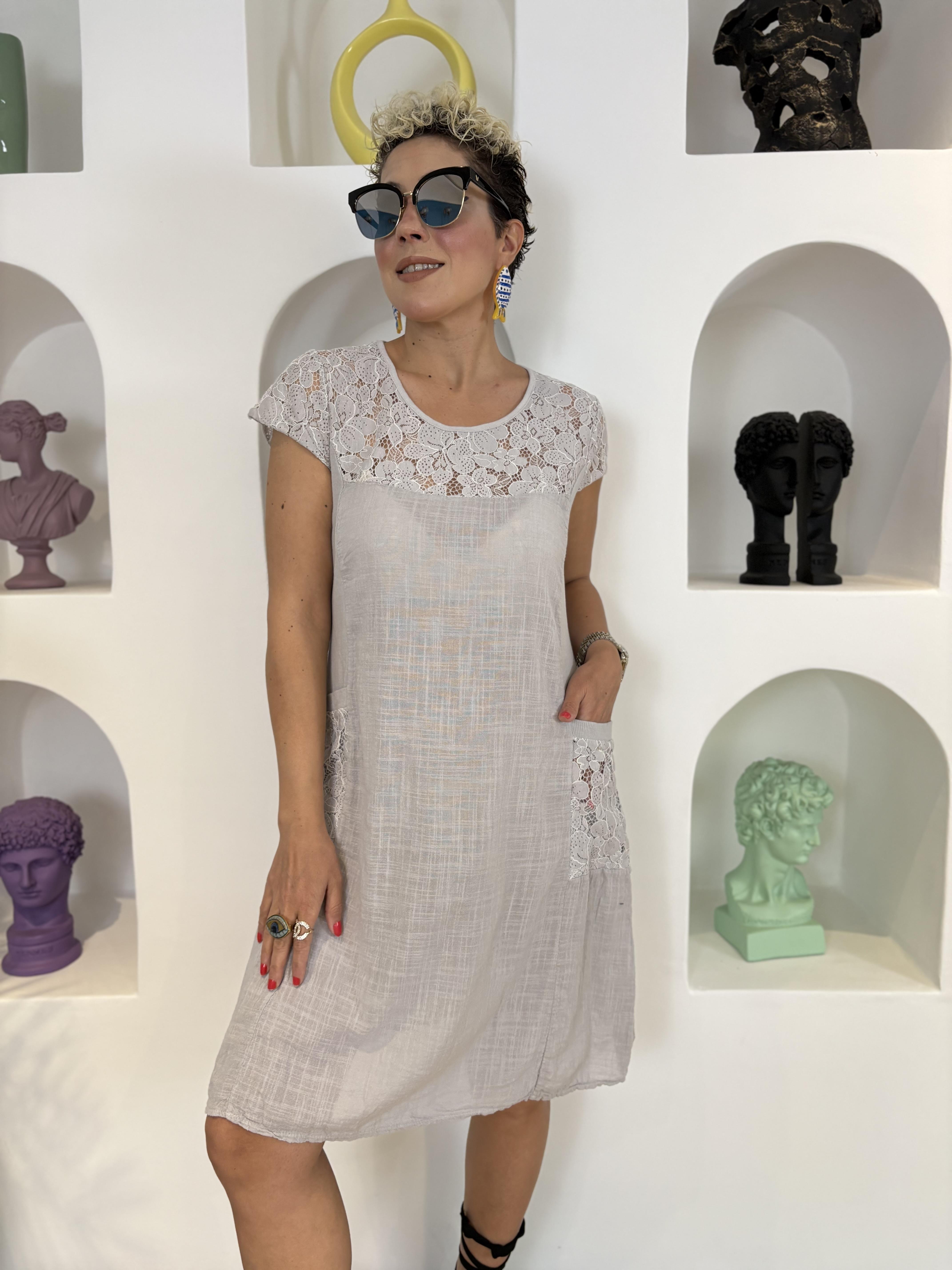 İtalyan Pamuk Keten Dantel Detay Taş Elbise