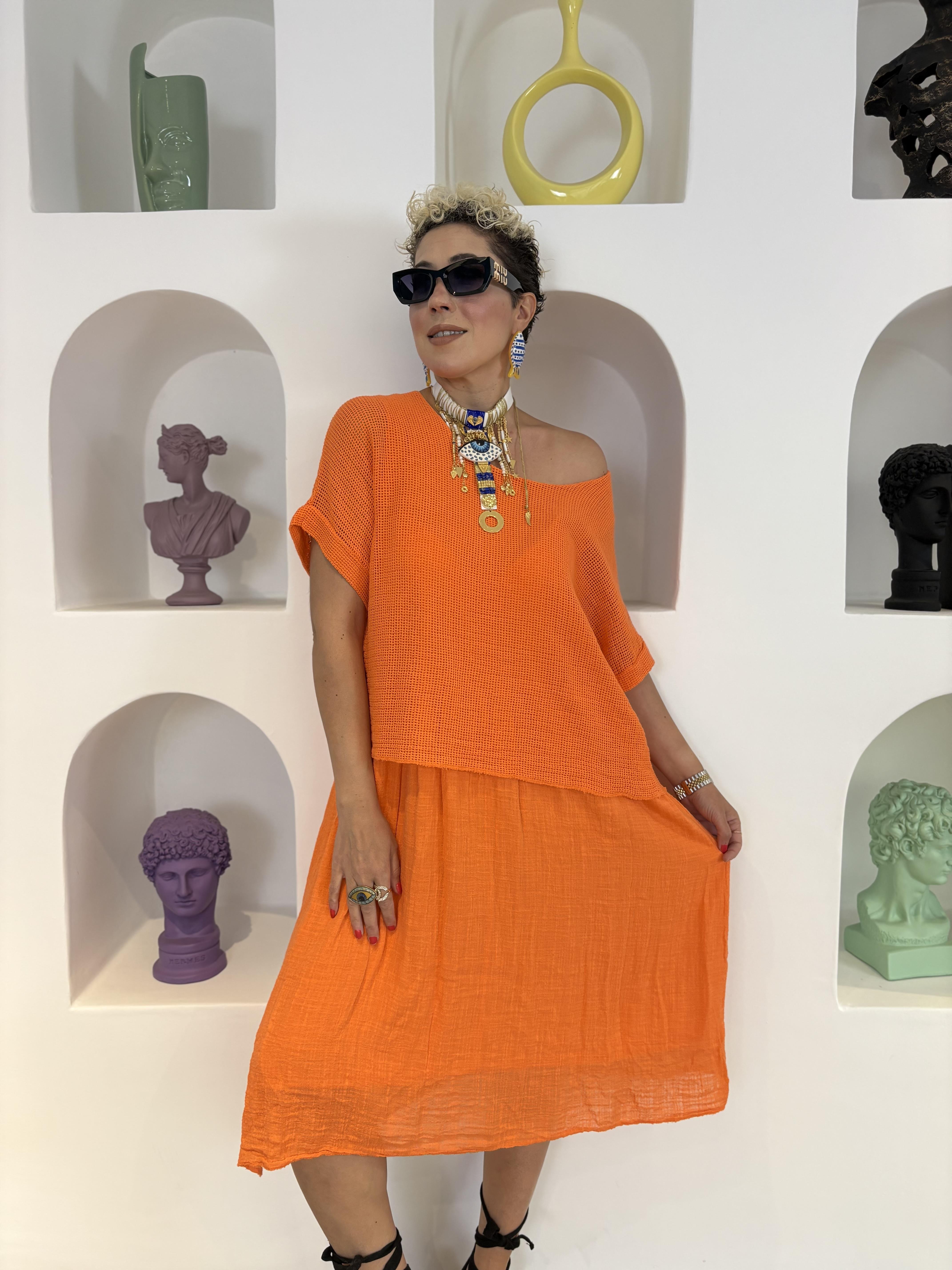 İtalyan Pamuk Keten Fileli Turuncu Elbise