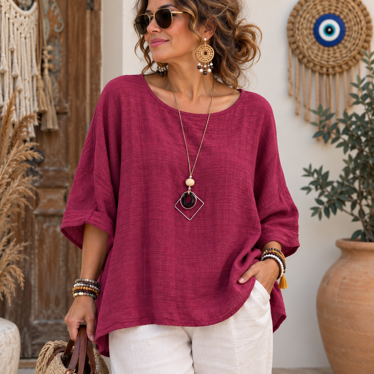 İtalyan Pamuk Keten Kolyeli Bordo Bluz