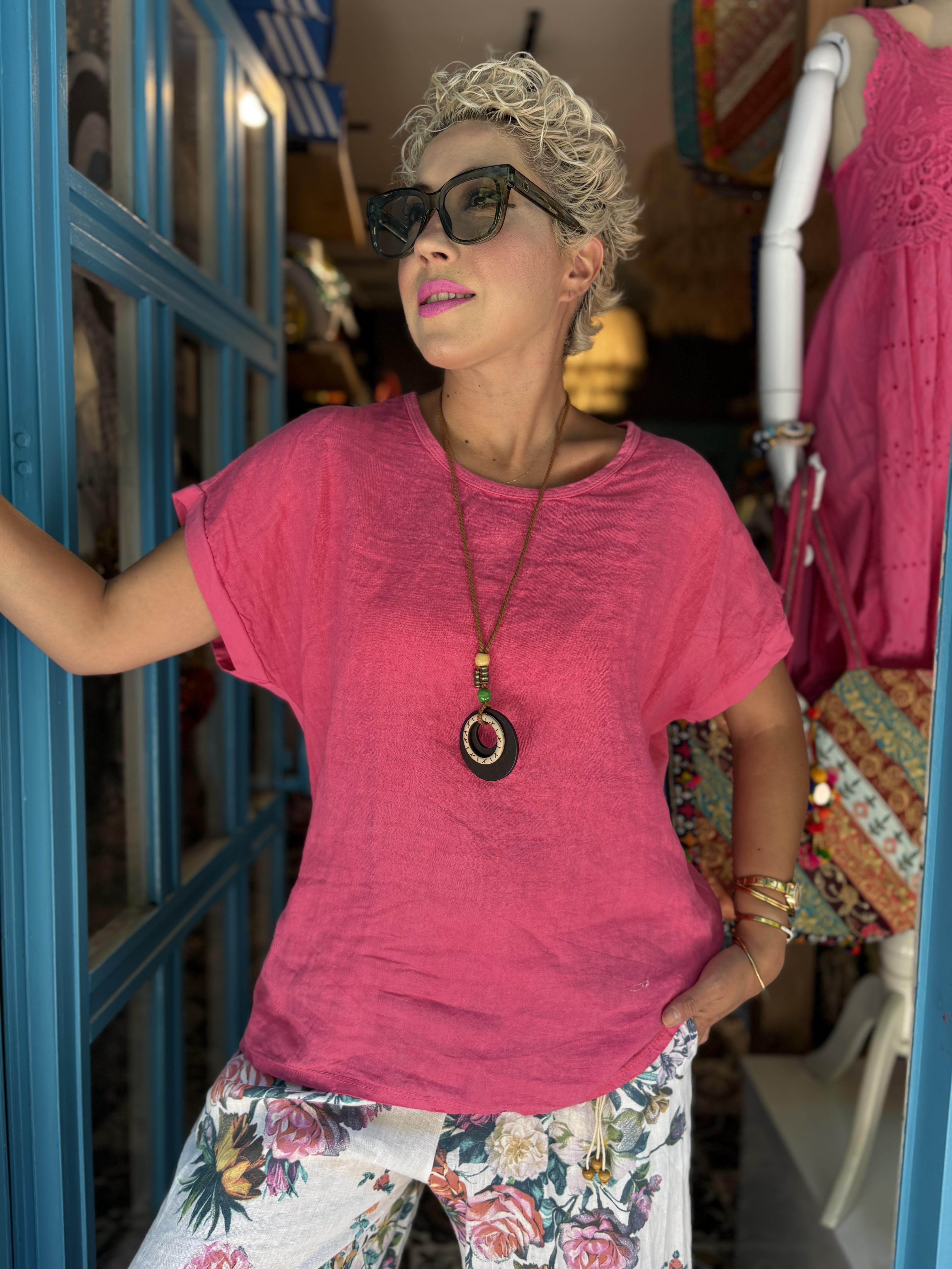 İtalyan Pamuk Keten Kolyeli Pembe Bluz
