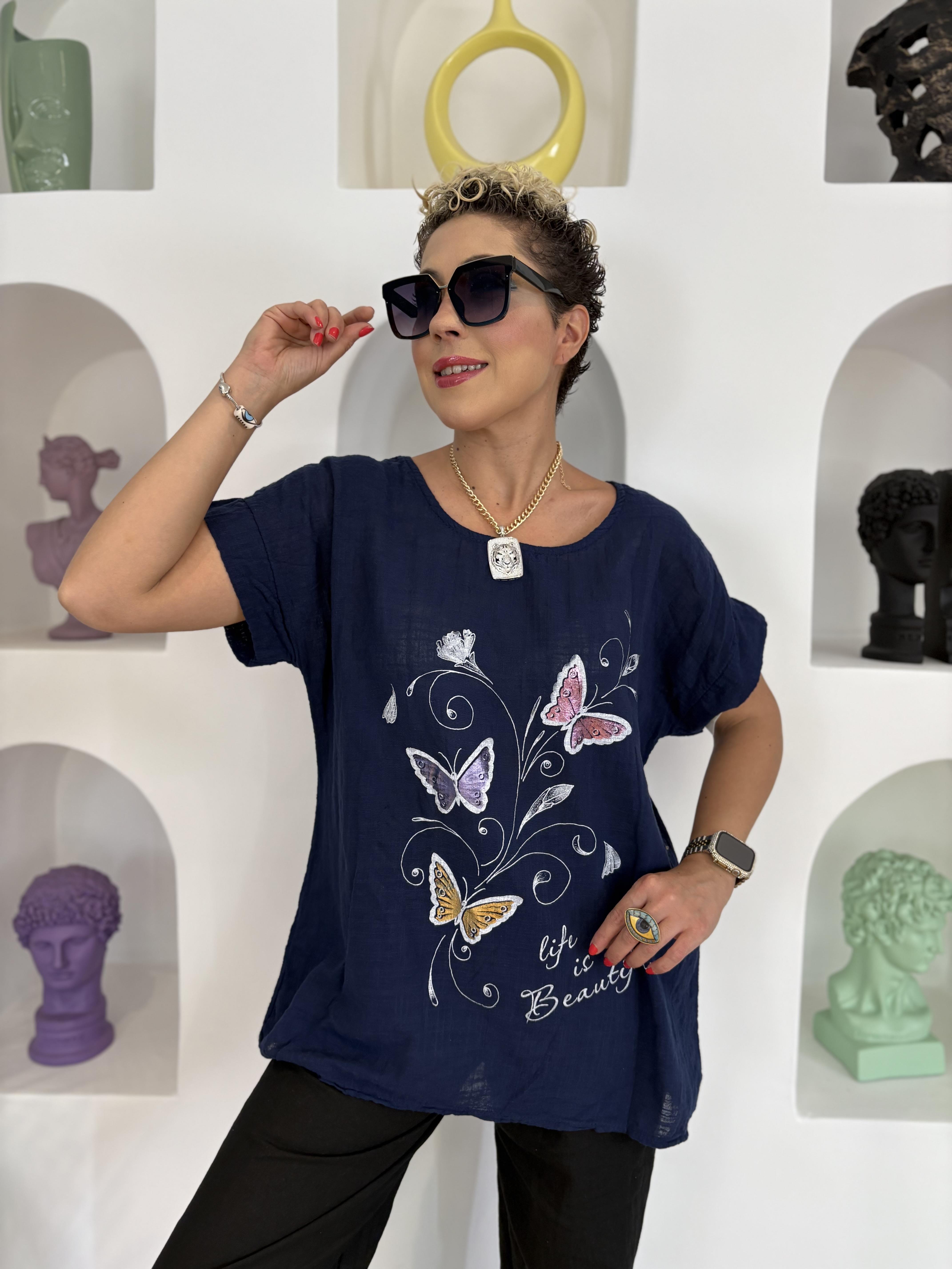 İtalyan Pamuk Keten Varak Kelebek Detay Lacivert Bluz