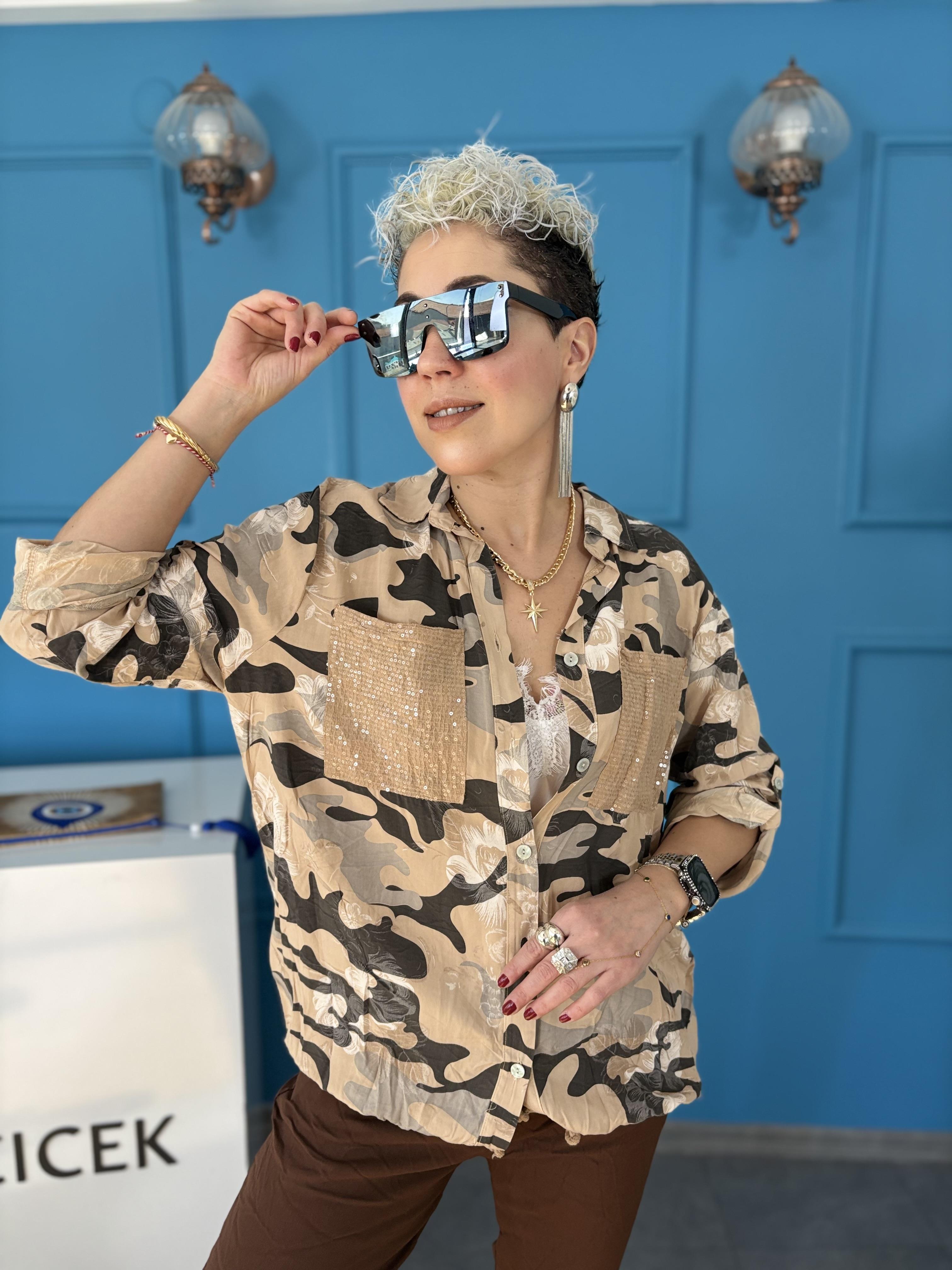 İtalyan Payet Cep Detaylı Kamuflaj Camel Gömlek