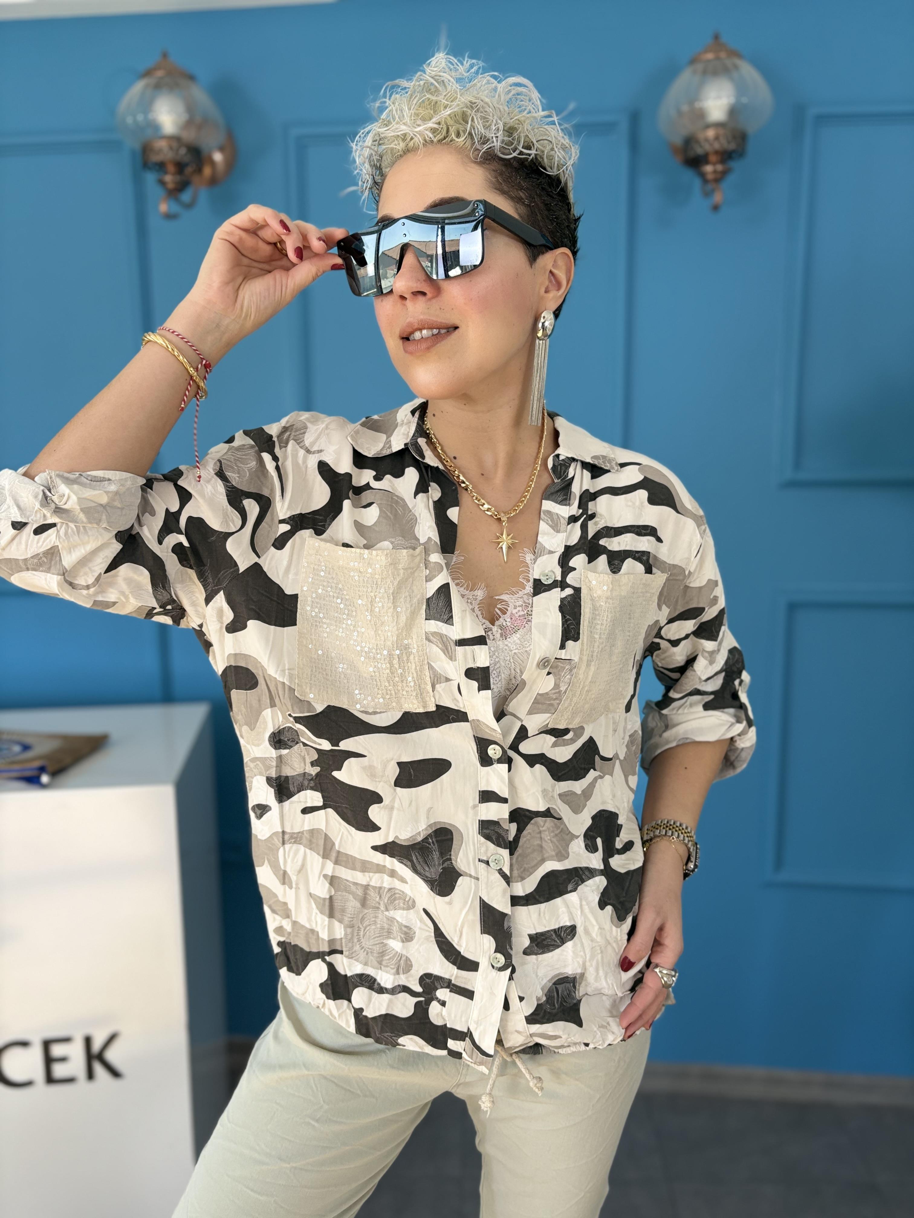 İtalyan Payet Cep Detaylı Kamuflaj Ekru Gömlek