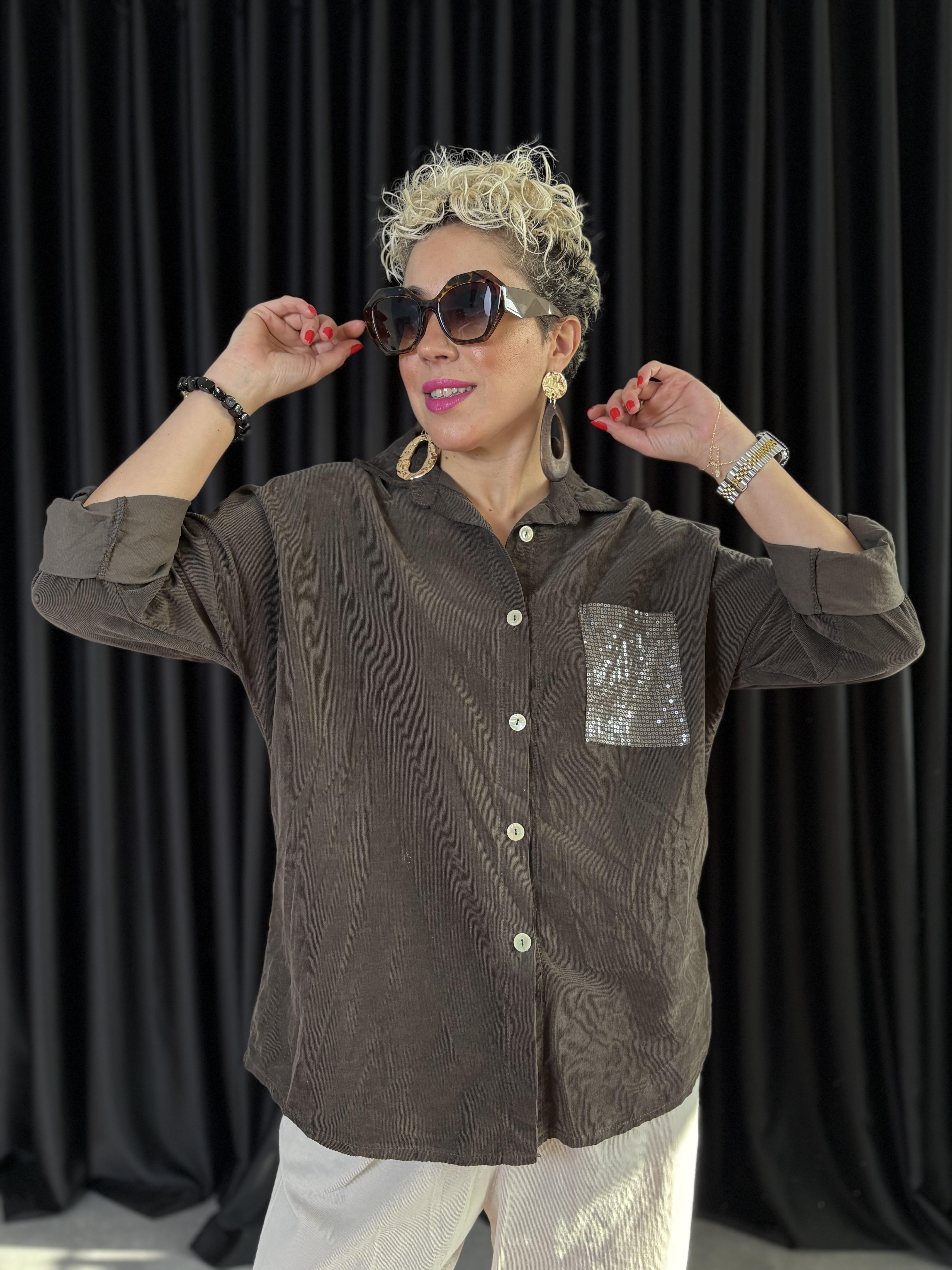 İtalyan Payet Cepli Kahve Kadife Gömlek